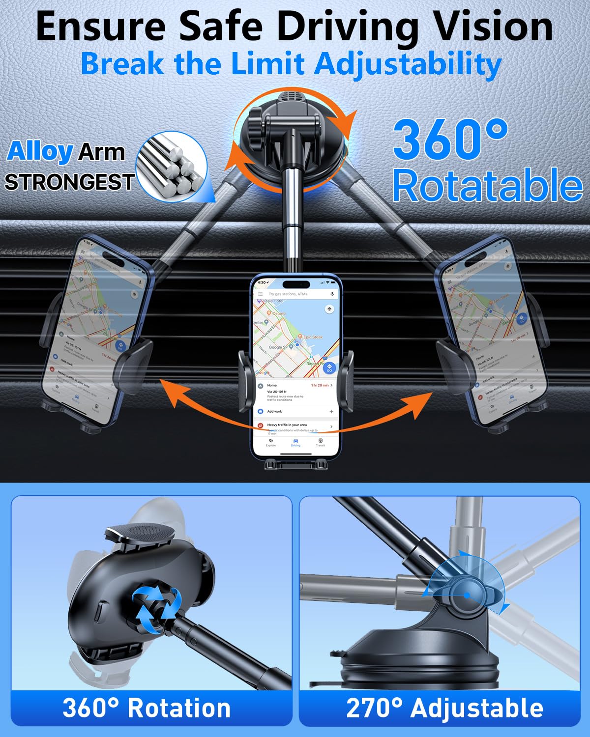 Htu ?Military-Grade Suction? 2025 Cell Phone Holder For Car?Flexible Telescopic Arm? Car Phone Mount Stand For Dashboard Windshi