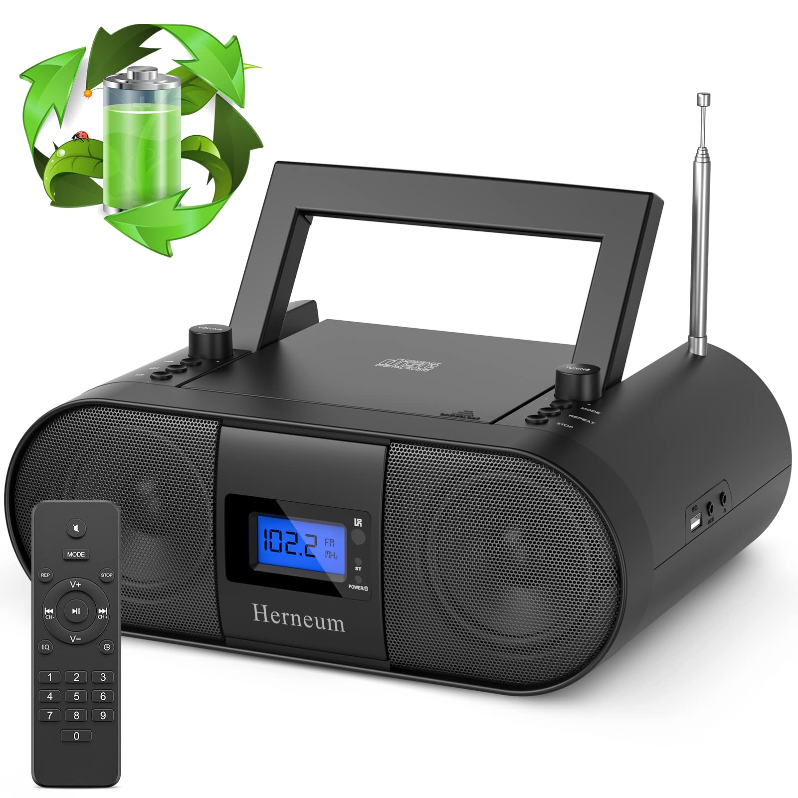 Cd Player Portable, Fm Radio With Dual Stereo Sound System, Rechargeable Bluetooth Boombox With Remote Control, Playback Cd/Cd R