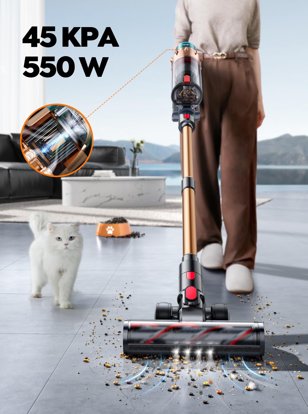Cordless Vacuum Cleaner, 550W 45Kpa 60 Mins Runtime Self Standing Vacuum Cleaners For Home, Stick Vacuum With Charging Dock Stat