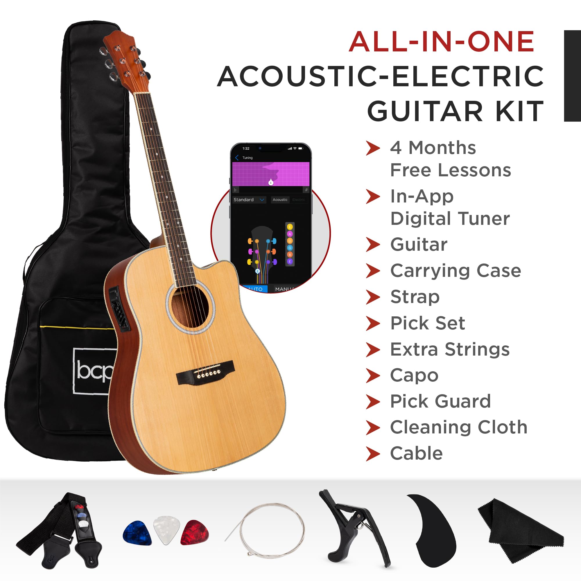 Best Choice Products Beginner Acoustic Electric Guitar Starter Set 41In W/All Wood Cutaway Design, Carrying Case, Strap, Picks,