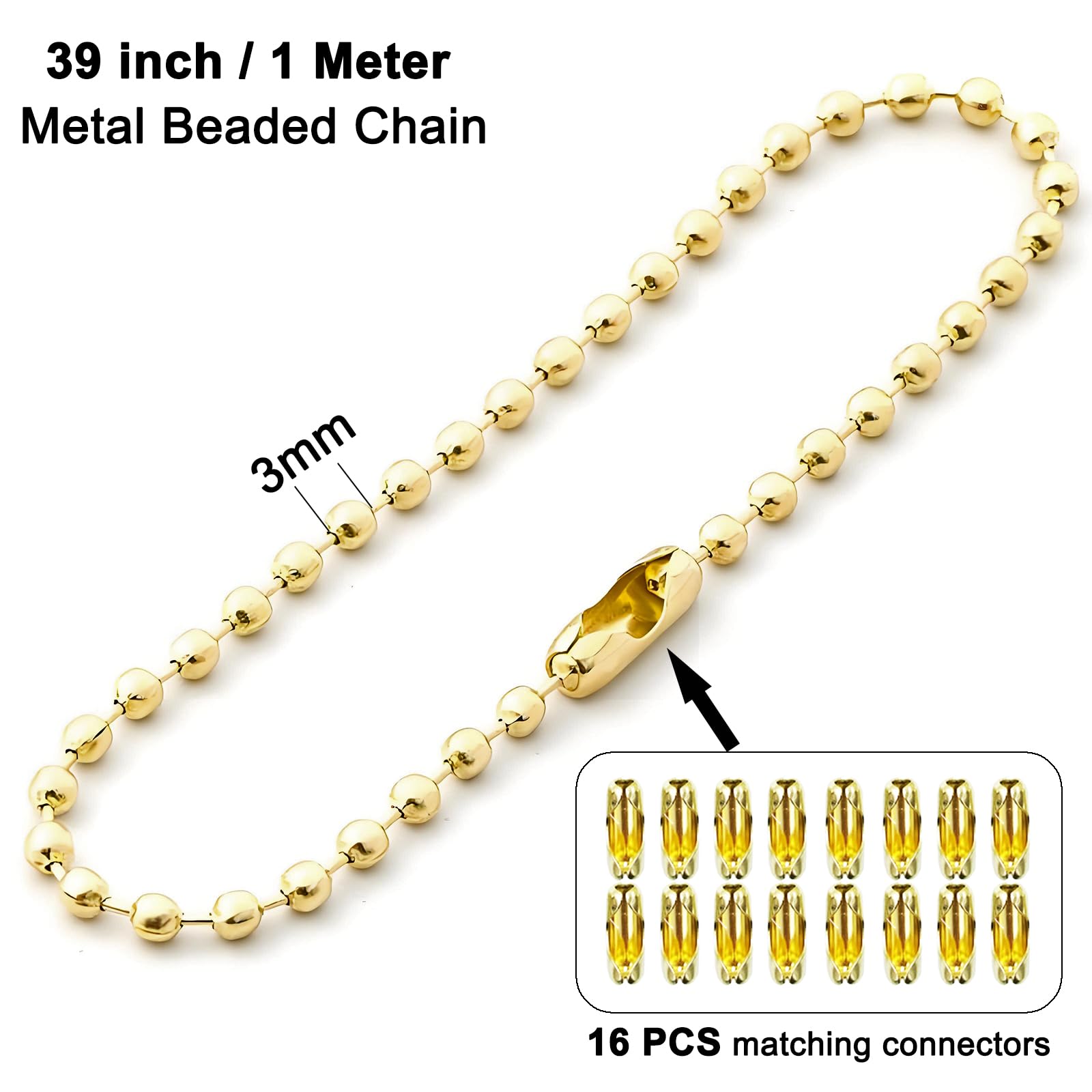 4 Pack Ceiling Fan Pull Chain Extender,Each Chain Length 39 Inch(1 Meter) With 16 Connectors,Standard 3 Mm Diameter Beaded Ball,