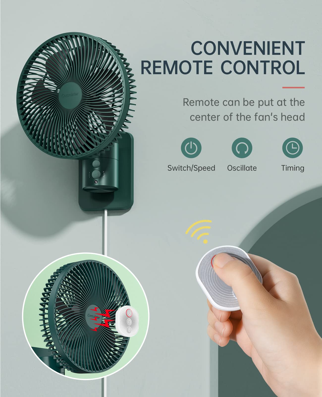 Oscillating Wall Mount Small Fan With Remote Control And Timer, 8.5Inch, 4 Speeds, Included Adapter, 120 Adjustable Tilt, High V