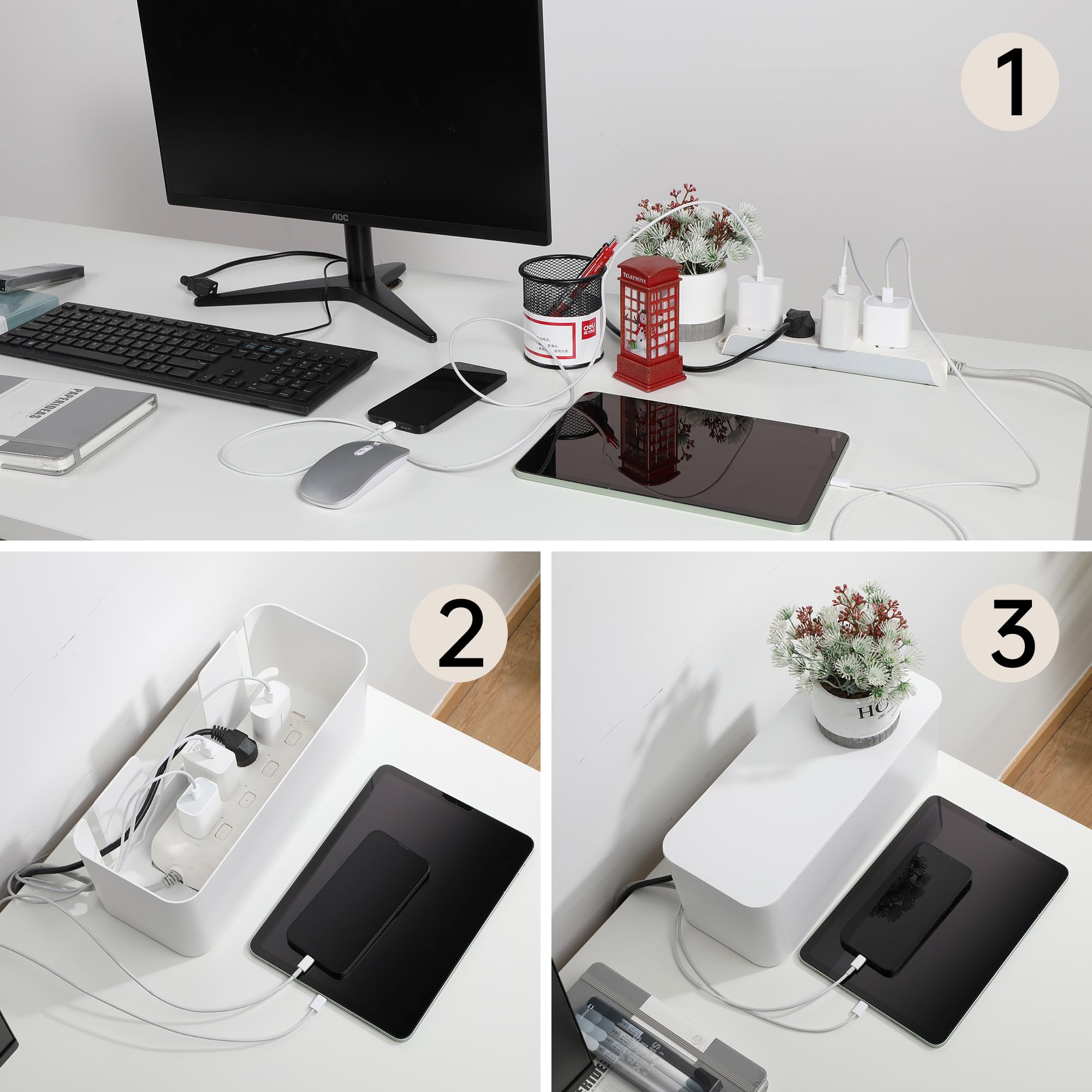 Yecaye Cable Management Box 2 Pack Large Medium Cord Organizer Plastic White