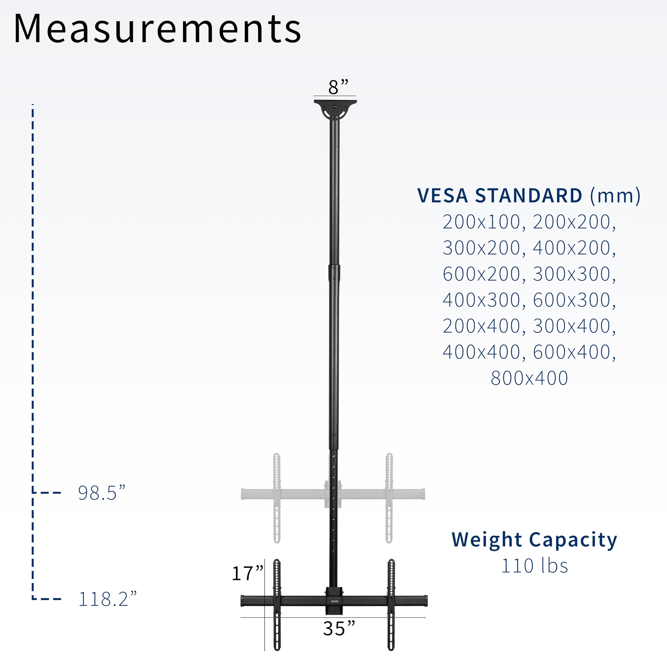 VIVO Ceiling TV Mount for 37 to 90 inch Screens, Telescoping Height Adjustment with 10ft Extension Pole, Fits Pitched/Vaulted Roof, VESA up to 800x400, Black, MOUNT VC90 10