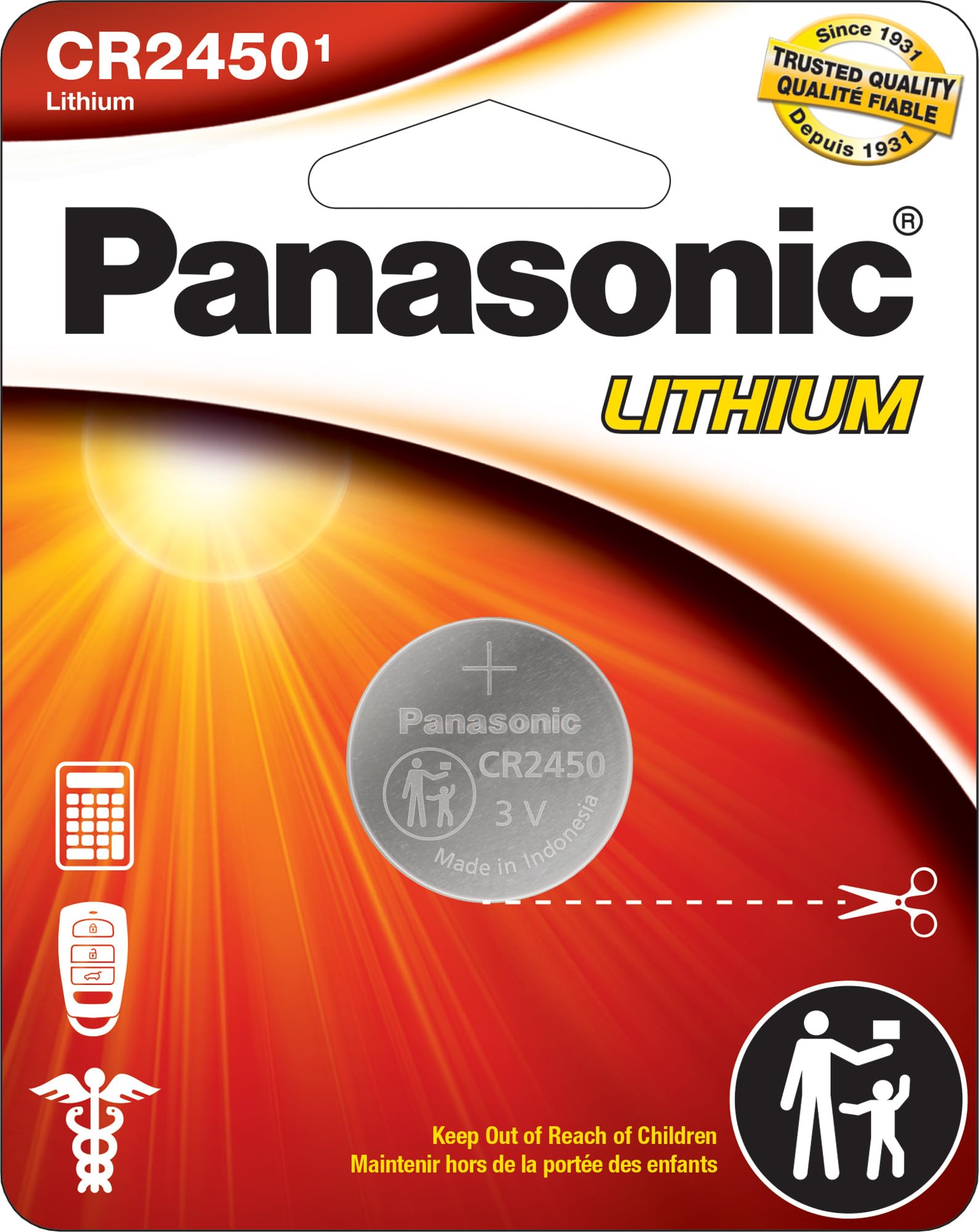 Panasonic Cr2450 3.0 Volt Long Lasting Lithium Coin Cell Batteries In Child Resistant, Standards Based Packaging, 1 Battery Pack