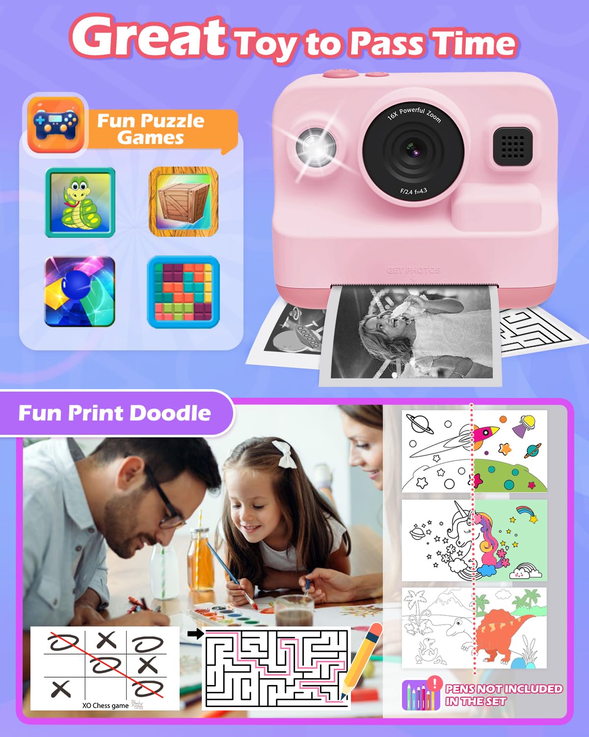 Anchioo Instant Print Camera For Kids, 2.4 Inch Screen Kids Camera For Girls With 3 Print Paper, Birthday Gift For Girls Boys Ag