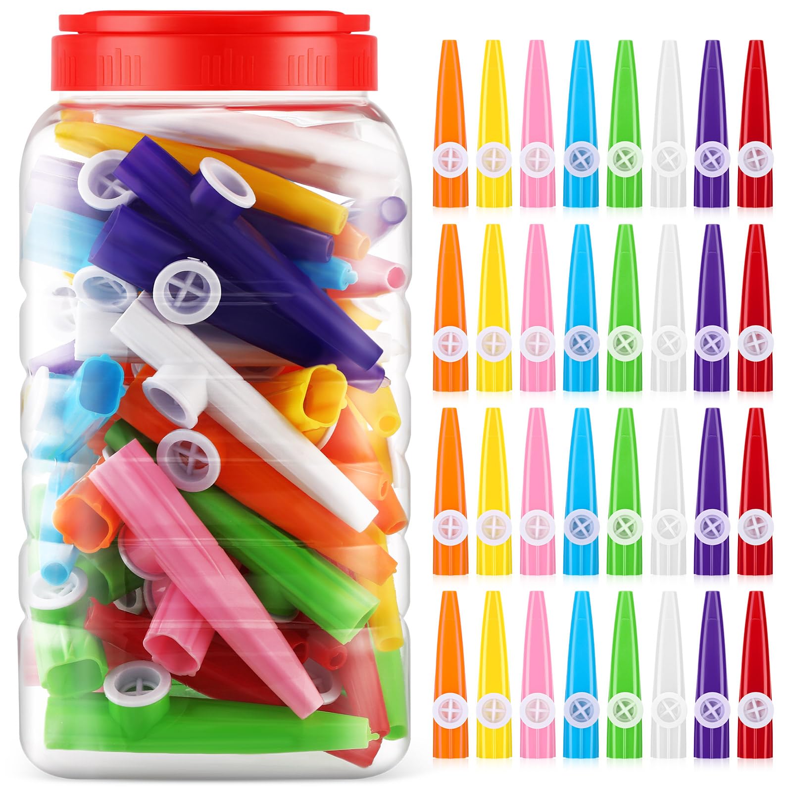Jenaai 50 Pcs Plastic Kazoos Bulk with Bottle, Colorful Kazoo Musical Instrument for Kids, Good Companion for Guitar Violin Pian