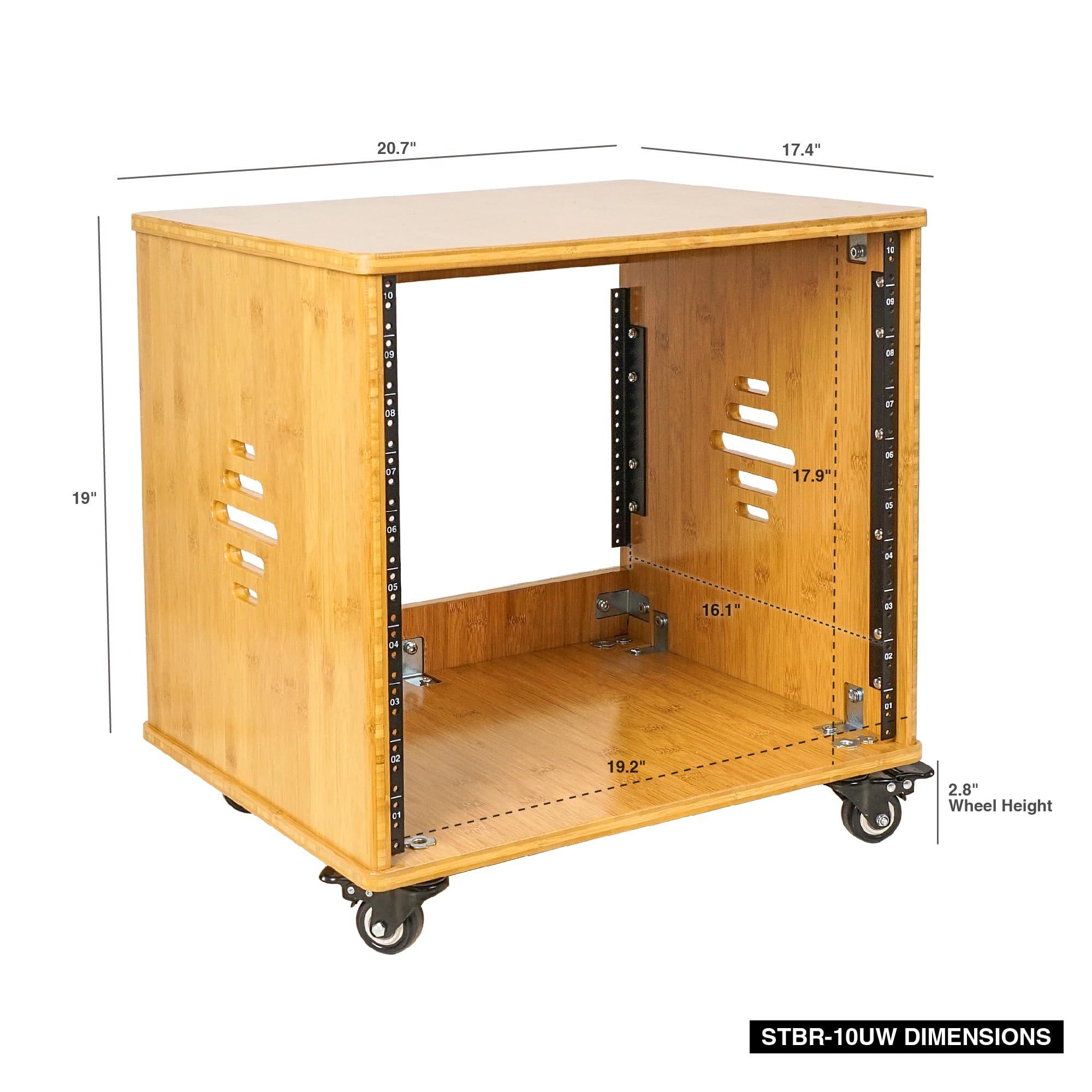 Sound Town Diy 10U Solid Carbonized Bamboo Studio Rack W/ 16 Depth, Ventilation, Rubber Feet, Casters For Recording Room, Pa/Dj