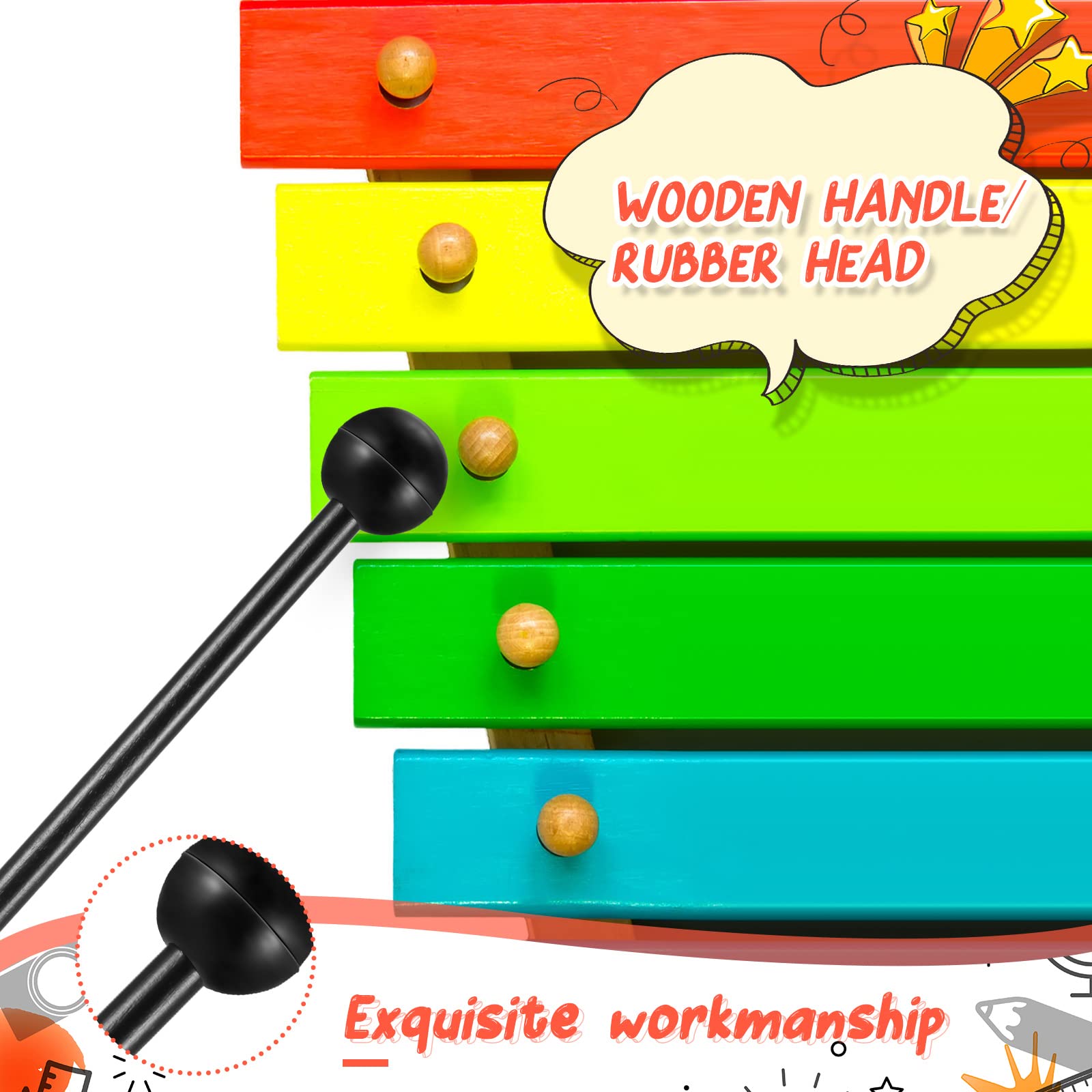 12 Pcs Glockenspiel Mallets Drum Mallets Percussion Xylophone Mallets 8.5 Inch Wood Mallets Percussion Sticks Rubber Head With S