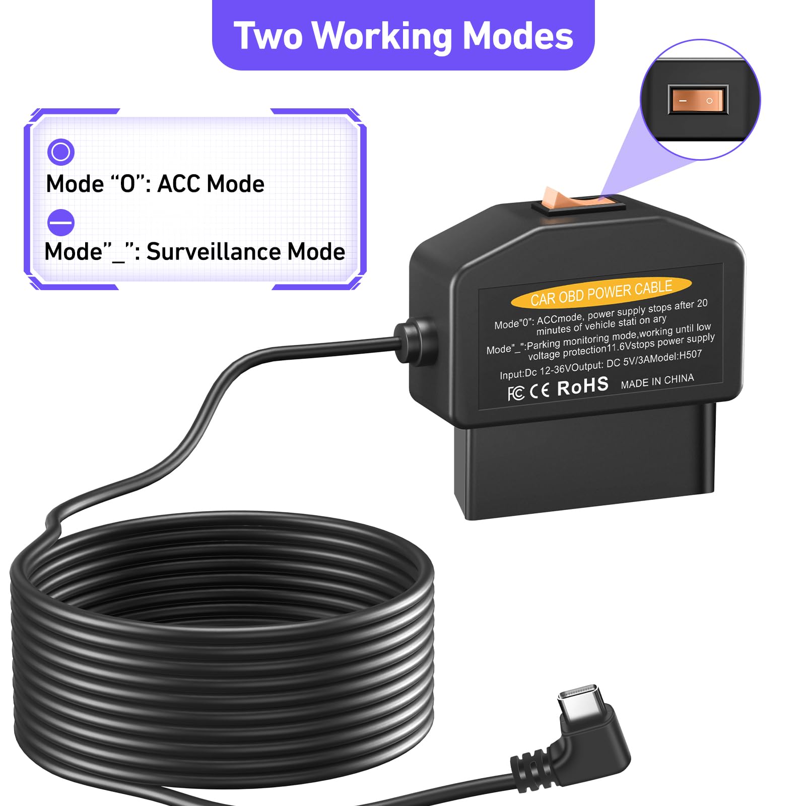 Obd2 Obd Power Cable For Dash Camera, Obd To Type C Usb Obdii Adapter Hardwire Charger Cable 24 Hours Surveillance And Acc Two M