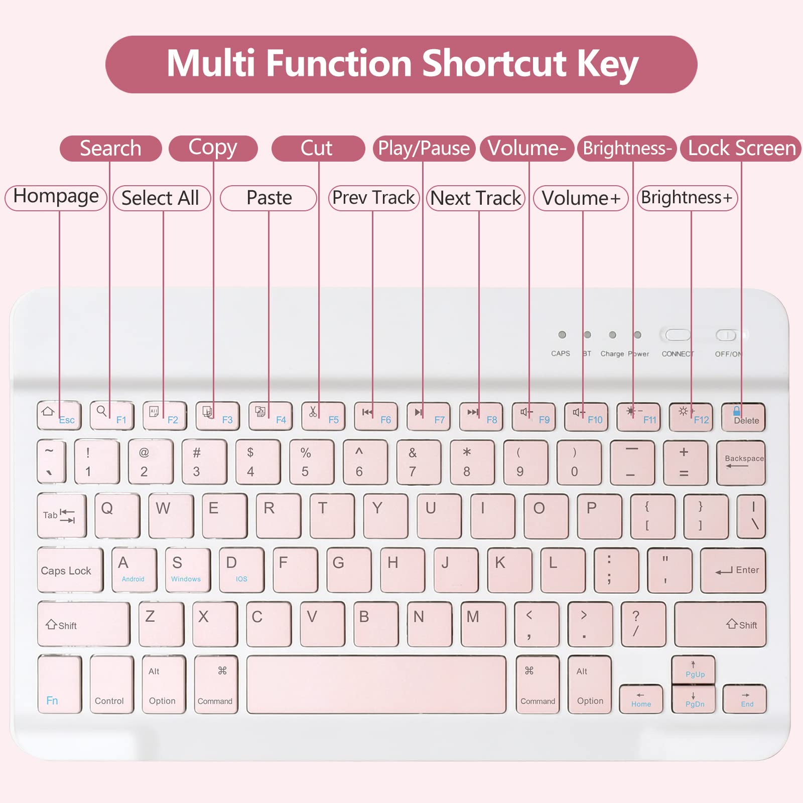 MMK Keyboard Case for iPad 10.2 (9th/8th/7th Gen) - Detachable Bluetooth, Pencil Holder, Auto Sleep/Wake, Pink