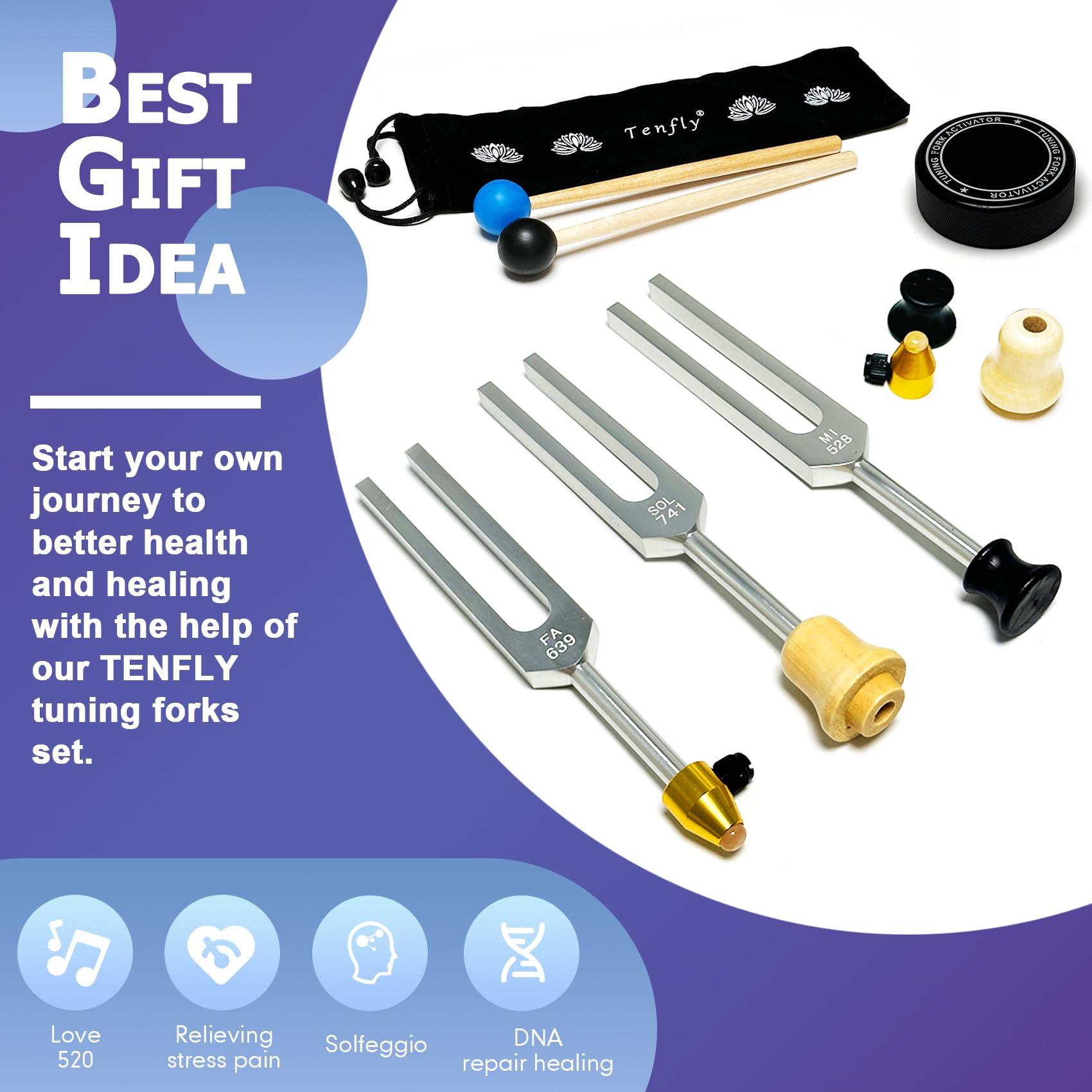 Tenfly Solfeggio Tuning Fork Set   10 Pac Silver Tuning Forks For Body Relaxation, Yoga Meditation, Sound Therapy, Stress Relief