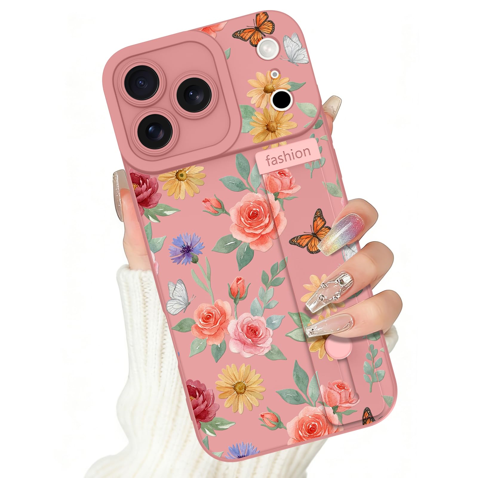 ZIYE for iPhone 17 Pro Max Case with Adjustable Wrist Strap Kickstand, Aesthetic Rose Floral Pattern, Slim Shockproof Protective