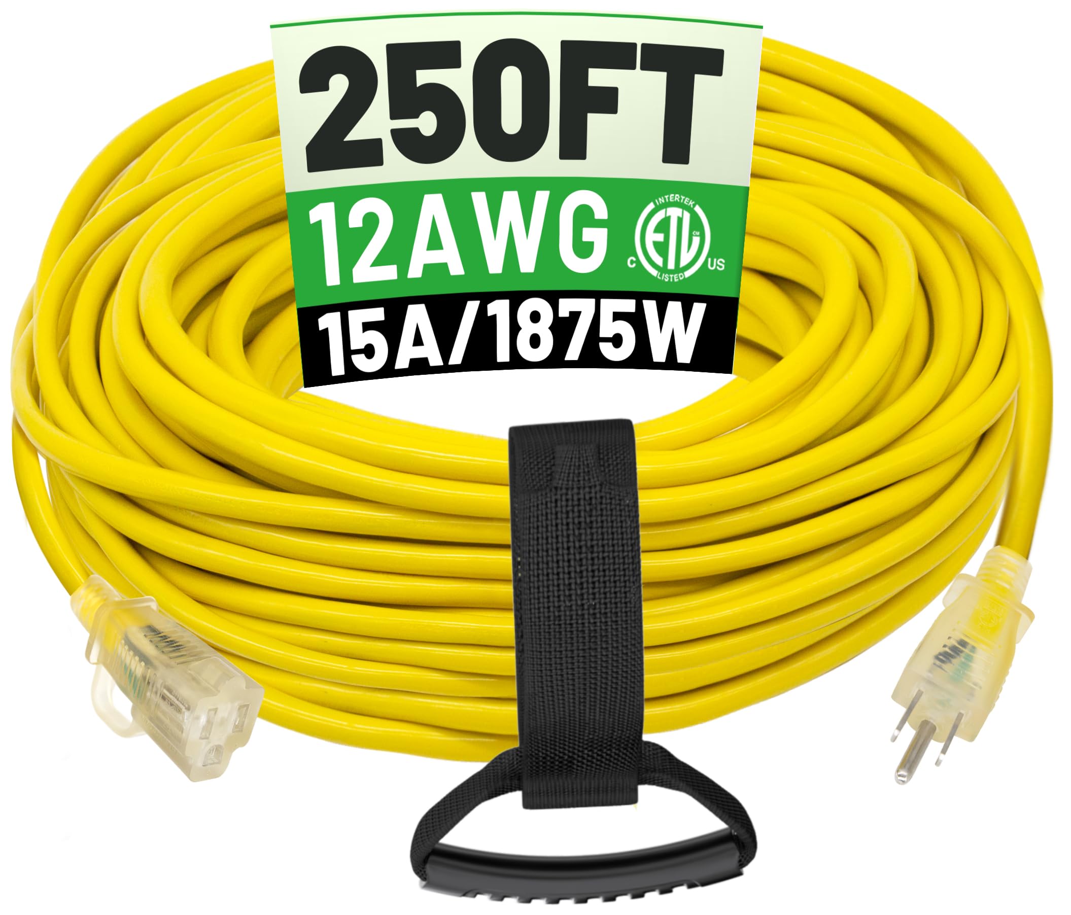 Powgrn 250 Ft 12/3 Outdoor Extension Cord Waterproof Heavy Duty With Lighted End 12 Gauge 3 Prong, Flexible Cold Resistant Long