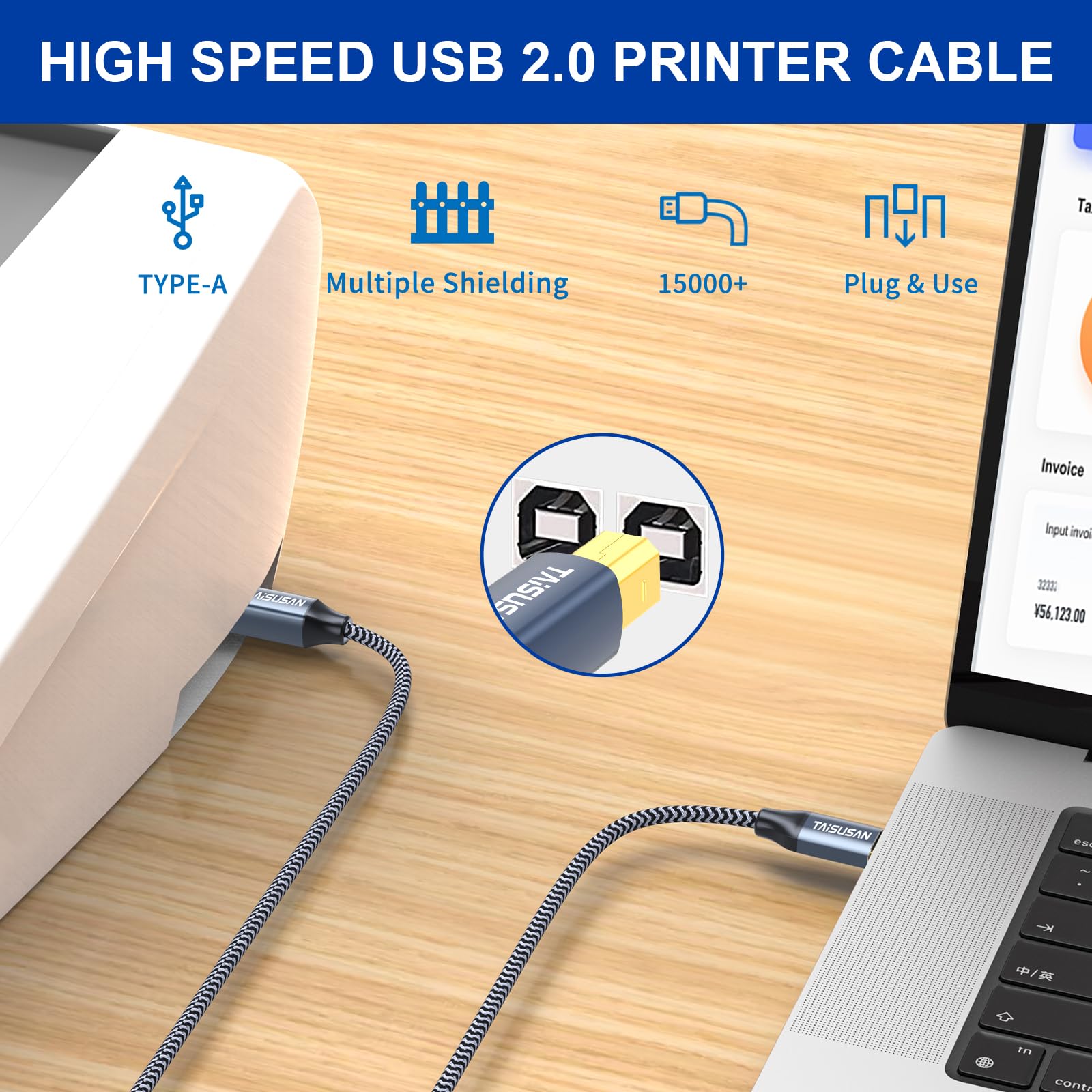 Taisusan Usb C Printer Cable 25Ft, Usb B To Usb C Printer Cable, Usb C Midi Cable Compatible For Macbook Pro/Air,Printers And Sc