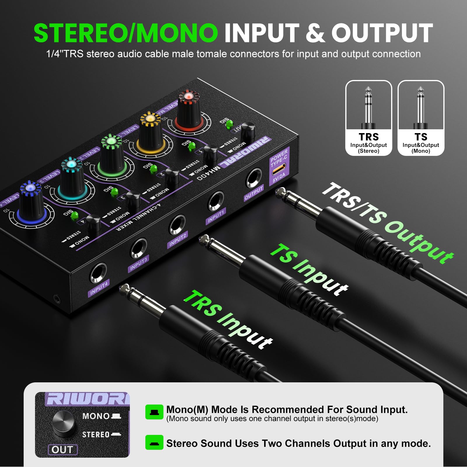 Mini Audio Stereo Mixer 4 Channel 1/4 Inch Tsr/Ts Audio Input Jack For Line Mixer Stereo/Mono Cutovers Compatible With Mic, Guit