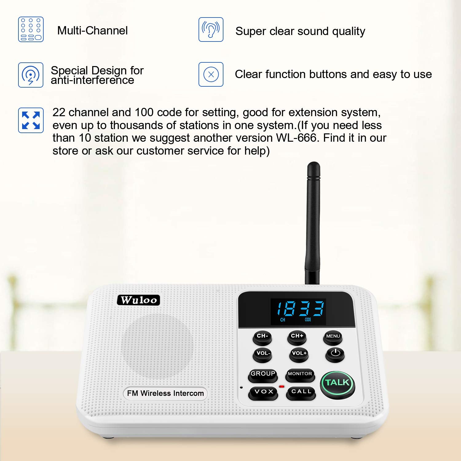 Wuloo Intercoms Wireless For Home 1 Mile Range 22 Channel 100 Digital Code Display Screen, Wireless Intercom System For Home House Business Office, Room To Room Intercom Communication(2Station, White)