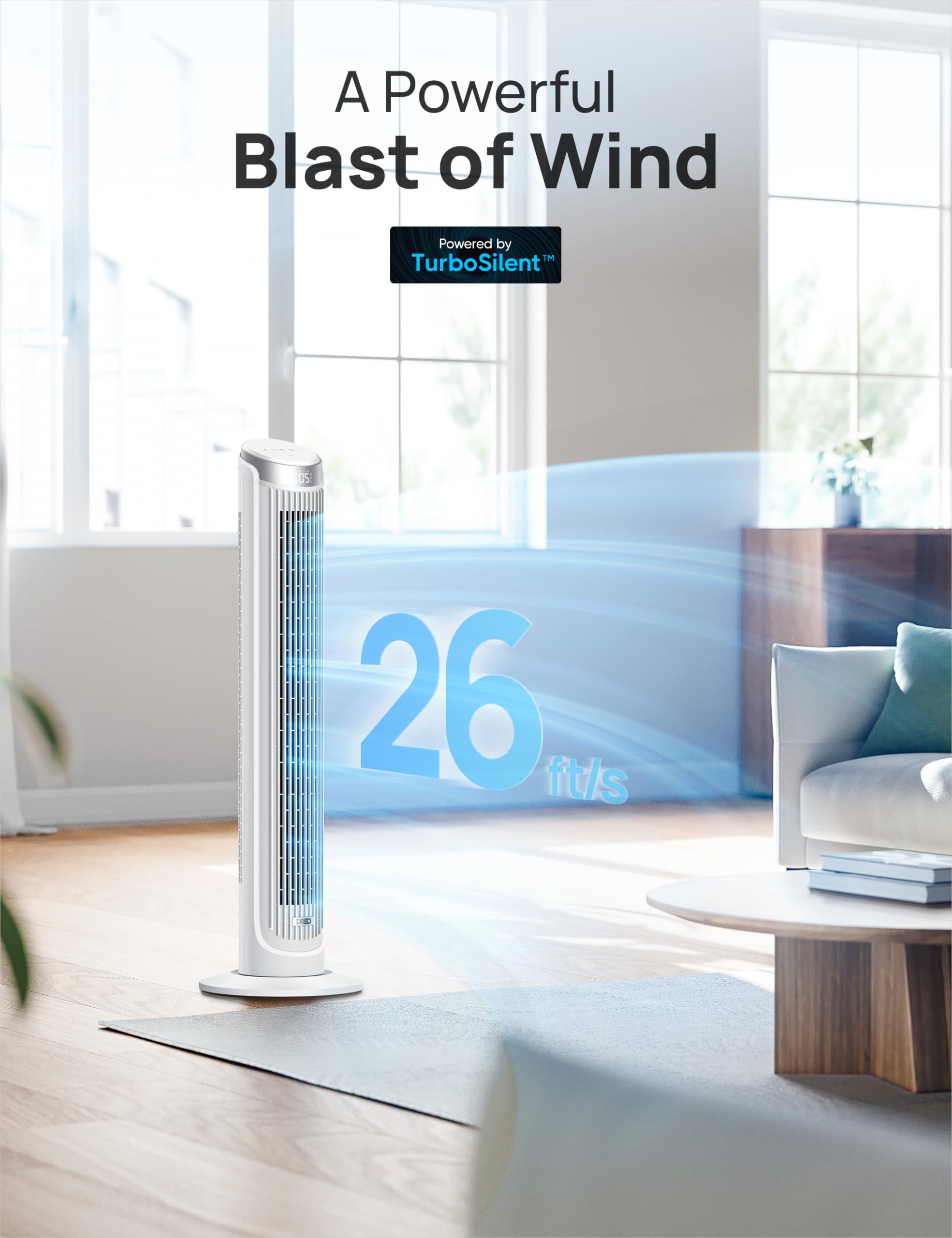 Dreo Tower Fans For Bedroom, 90?Oscillating Fans For Indoors,5 Speeds 4 Modes Max 26Ft/S, 12H Timer, Led Display With Touch, Rem