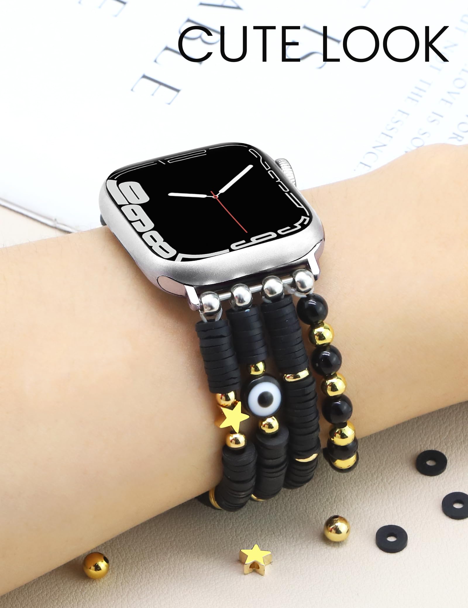 Jr.Dm Beaded Bracelet Compatible With Apple Watch 40Mm 38Mm 41Mm 44Mm 42Mm 45Mm 46Mm For Women, Cute Stretchy Gold Handmade Jewe