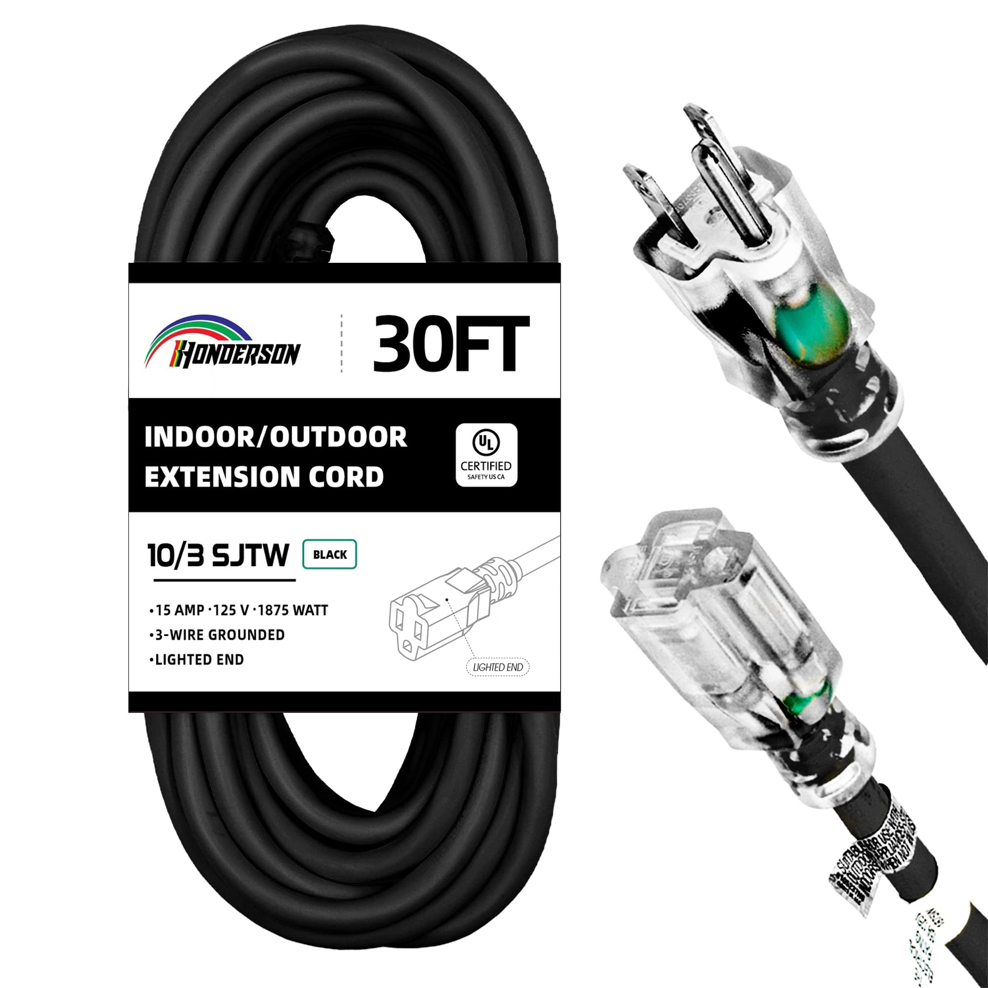 Honderson 30Ft Lighted Outdoor Extension Cord   10/3 Sjtw Heavy Duty Black Extension Cable With 3 Prong Grounded Plug For Safety