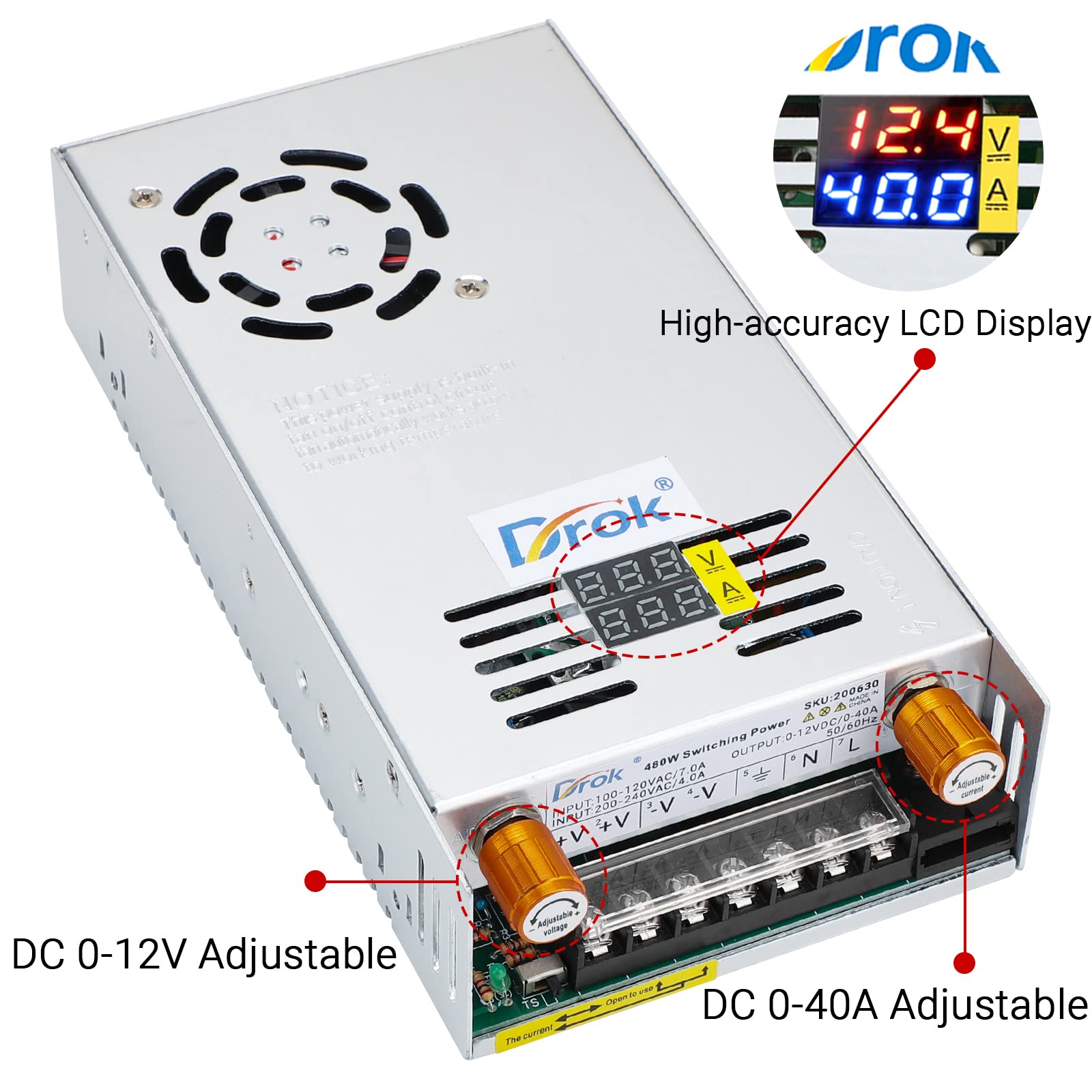 Drok 12V Power Supply, Ac 110V 220V To Dc 0 12V 0 40A 480W Buck Converter, Volt Amp Adjustable Adapter Regulated 5V 9V 12Volt Sw