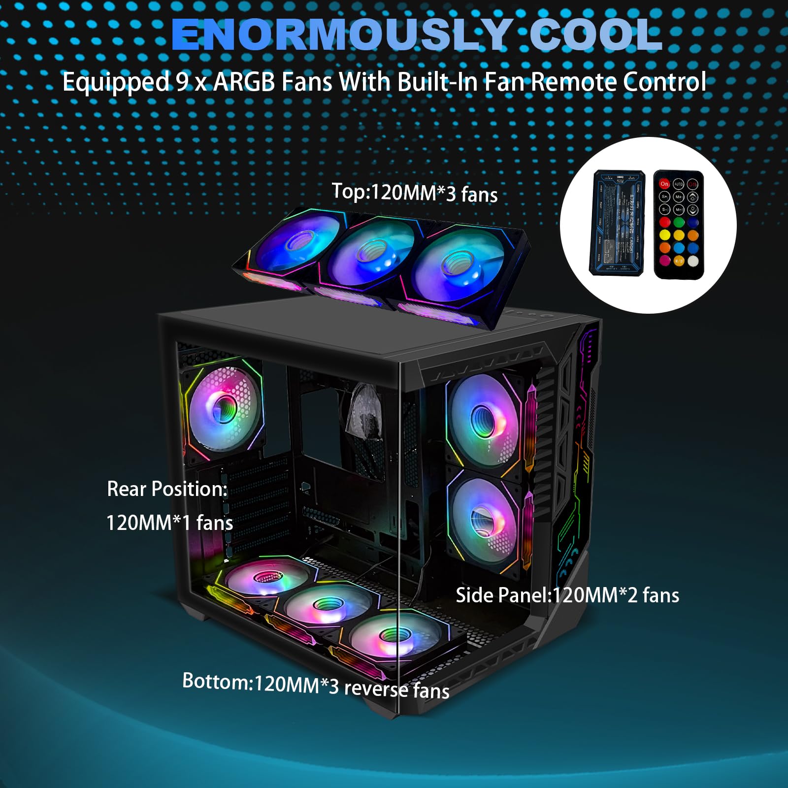 Pc Gaming Case With 9Pcs Argb Fans,Atx Mid-Tower Control Remote,Gaming Atx Case 360Mm Radiator Support,Pc Case Tempered Glass Fr