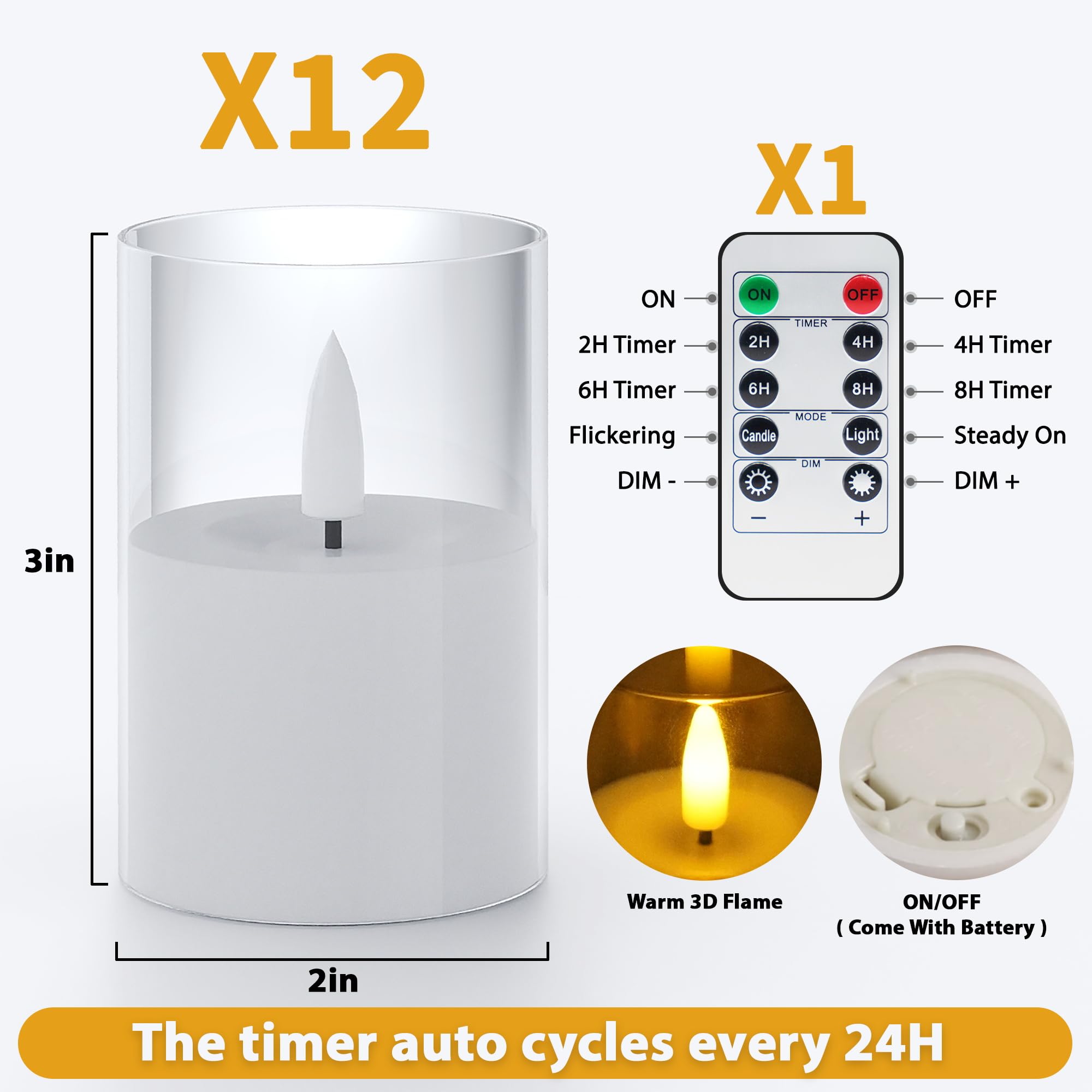 12Pack Flickering Flameless Candles With Remote, Led Candles Battery Powered, Small Flameless Pillar Candles, Votive Candles Bat