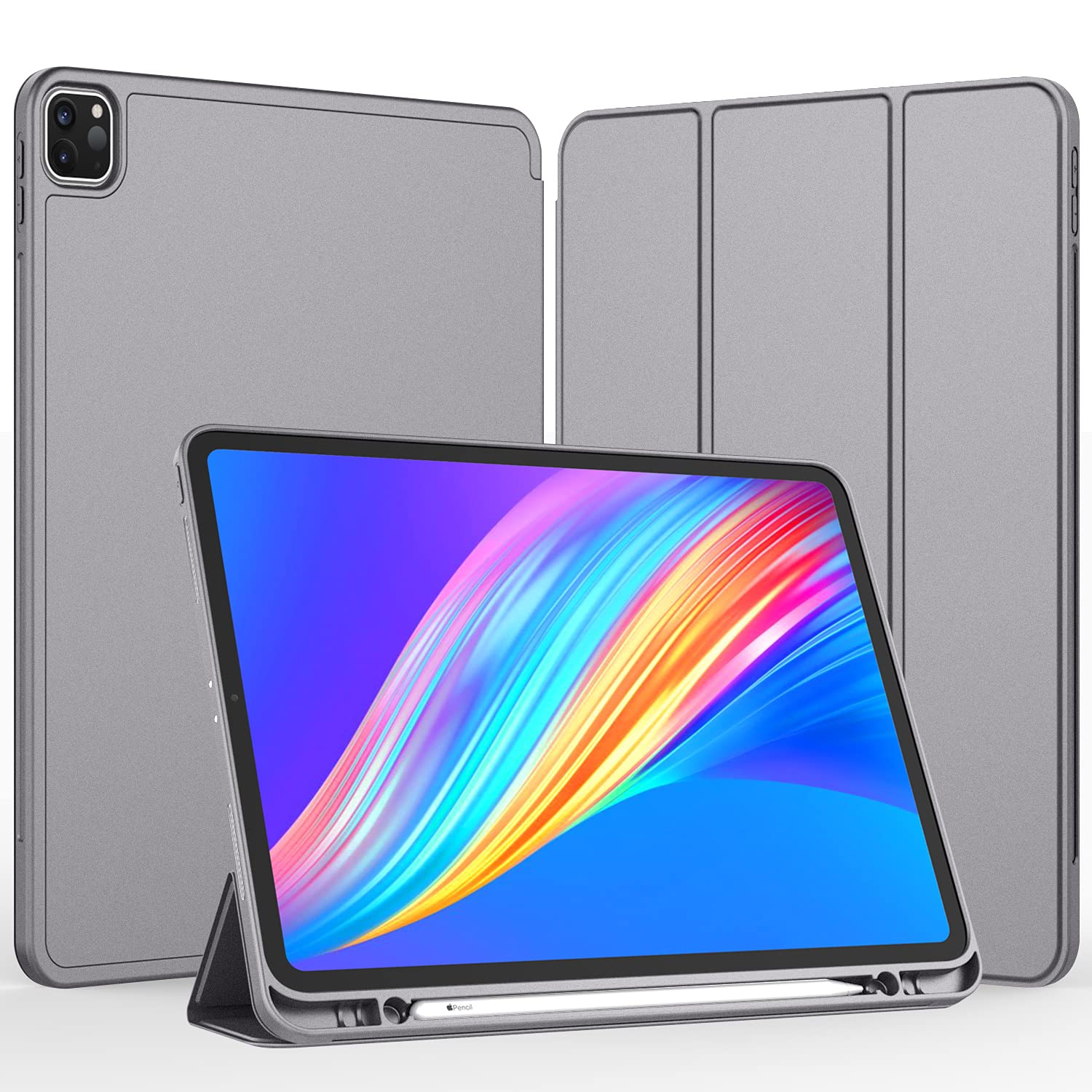 Imieet New Ipad Pro 11 Inch Case 2022(4Th Gen)/ 2021(3Rd Gen) With Pencil Holder [Support Ipad 2Nd Pencil Charging/Pair],Trifold Stand Smart Case With Soft Tpu Back,Auto Wake/Sleep(Silver Gray)
