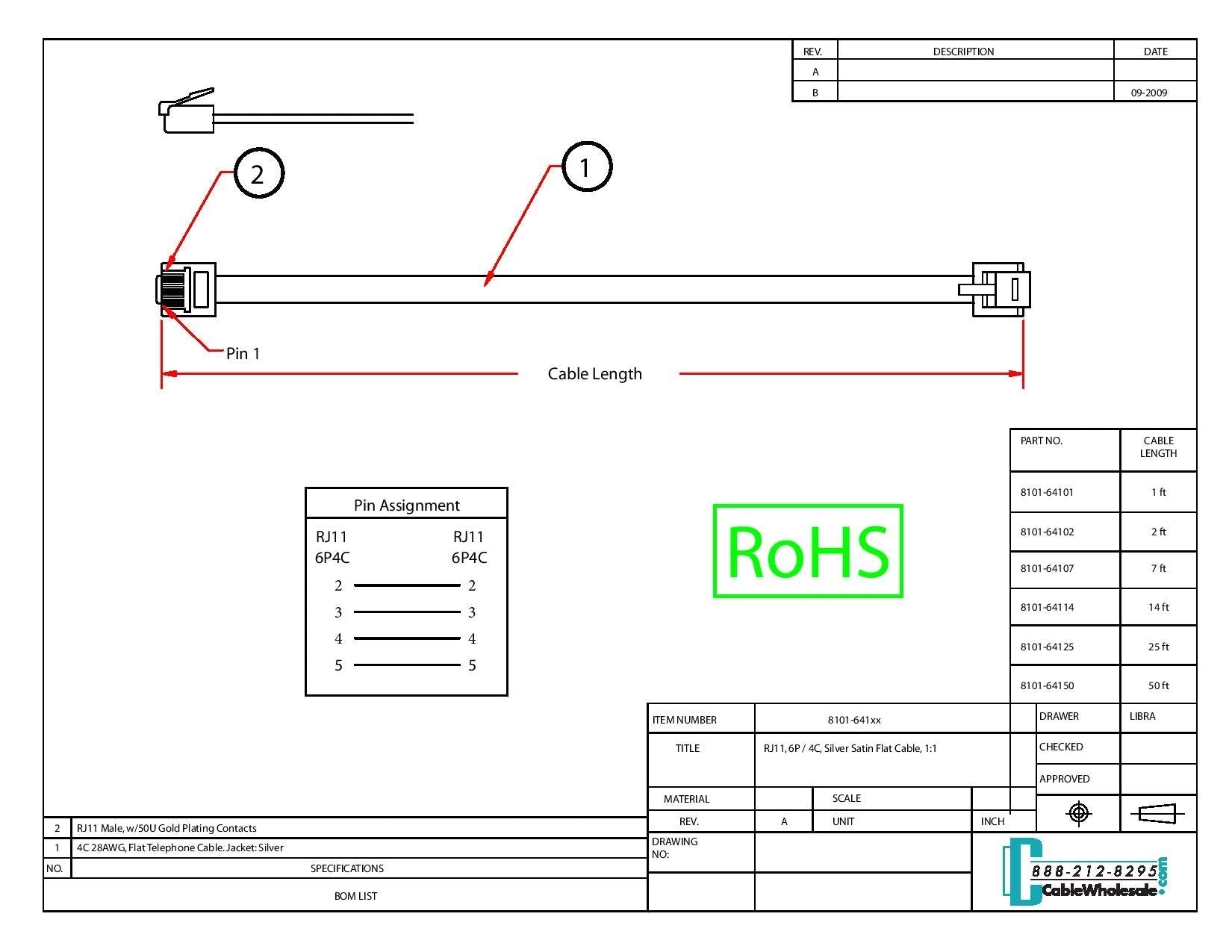 CableWholesale 50 feet Telephone Cord (Data), RJ11 Gold Plated Connectors, 6P / 4C, Silver Satin, 28AWG, Straight, RJ11 Phone Cable