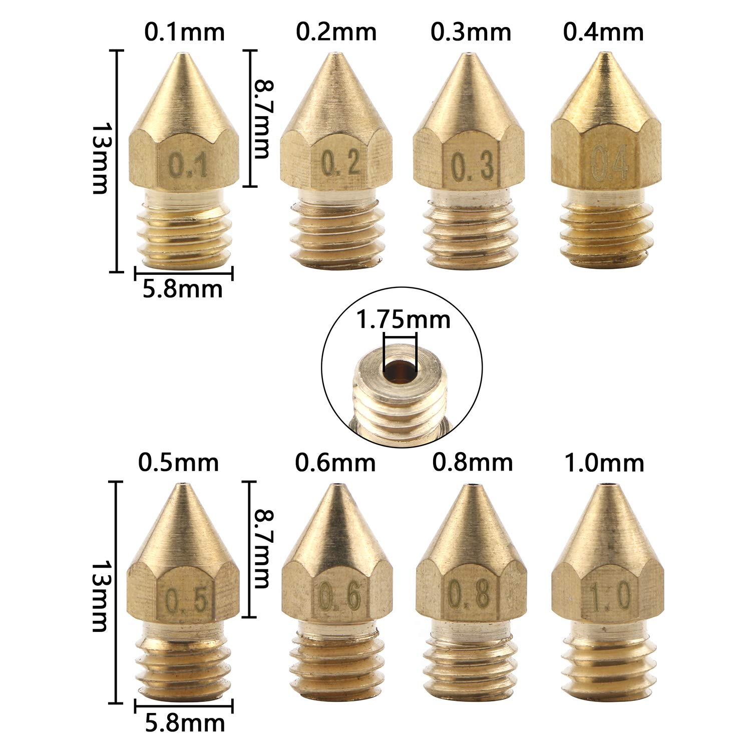 Ellbest 16Pcs Mk8 Extruder Head 3D Printer Nozzles 0.1Mm, 0.2Mm, 0.3Mm, 0.4Mm, 0.5Mm, 0.6Mm, 0.8Mm, 1.0Mm
