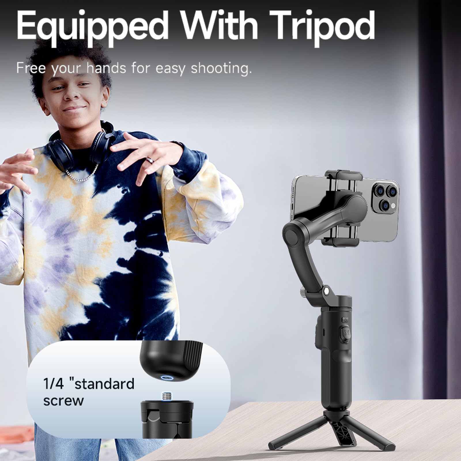 Phone Gimbal 3-Axis Foldable Stabilizer With Detachable Remote Control For Video Recording,With Extension Rod, Portable Foldable