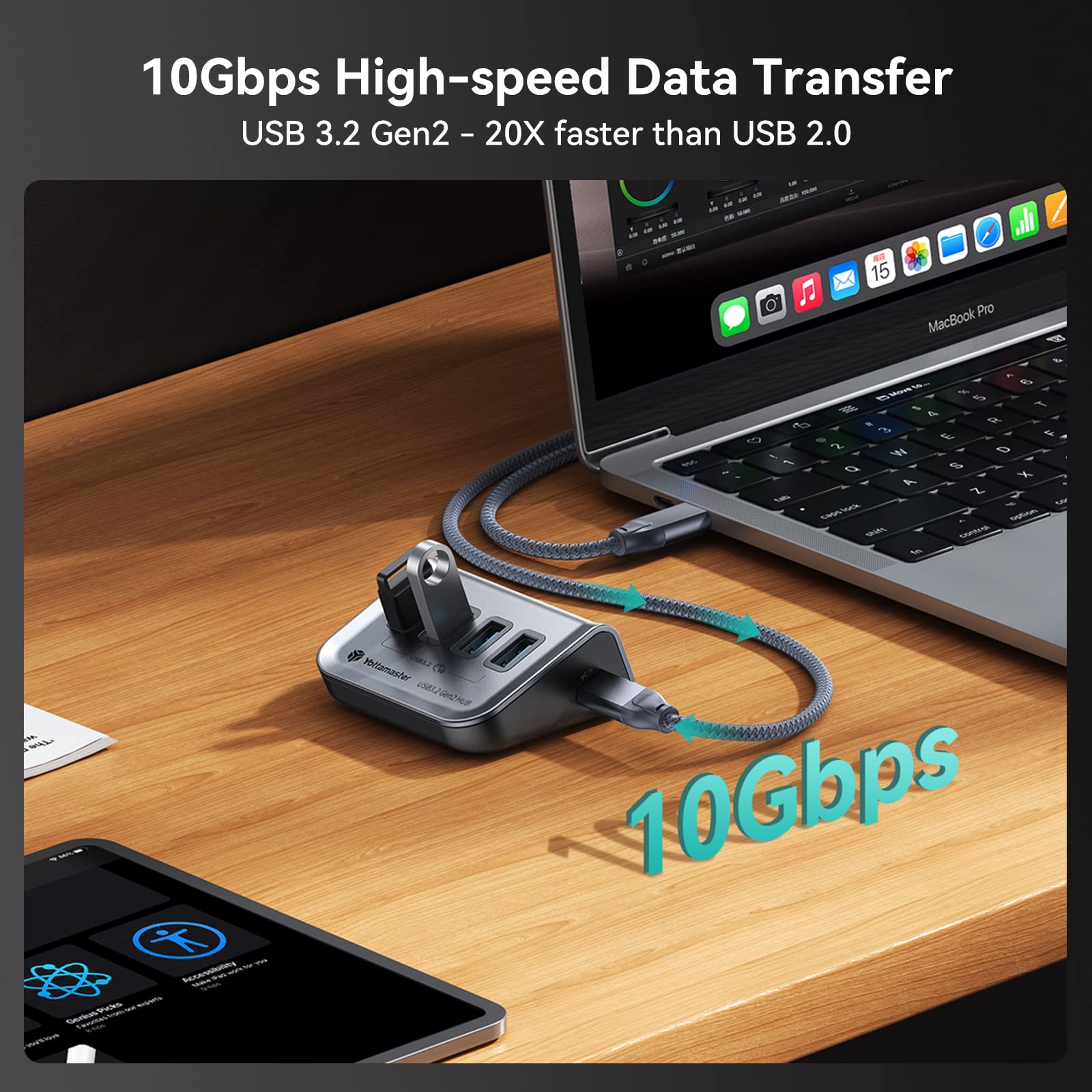 Yottamaster Usb 3.2 Hub 4 Ports, Type C To Usb 3.2 Gen2 10Gbps Data Hub With 4 Usb A, Powered Usb Hub 5V/2A With 1.6Ft Cable For