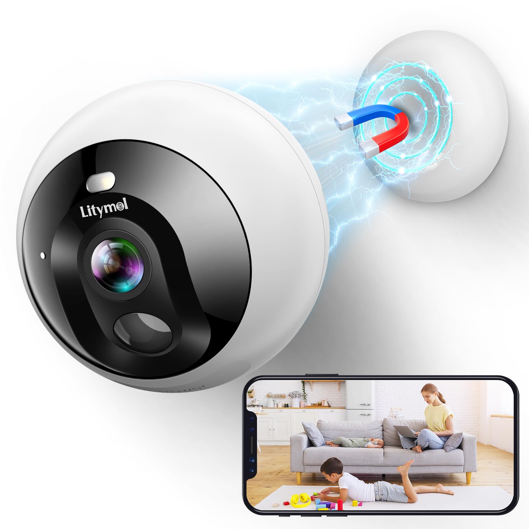 Litymol Security Cameras Wireless Outdoor/Indoor, 2K Magnetic Mount Wifi Cameras For Home Security With Ai Motion Detection, 32G