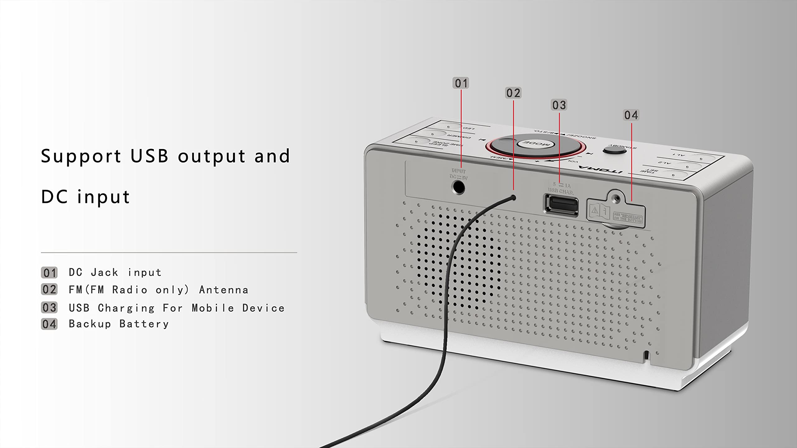 Itoma Alarm Clock Radio With Bluetooth Speaker, Fm Radio, Dual Alarm With Snooze, Large Led Display, Dimmer Control, Usb Chargin