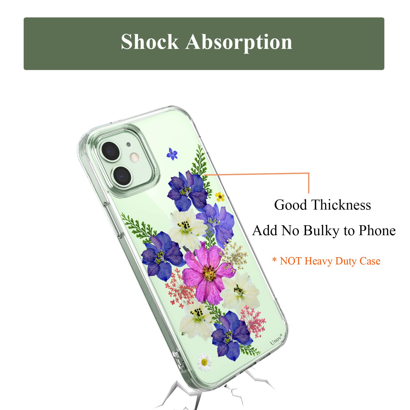 Unov iPhone 12 Mini Case Clear Slim Embossed Flower Soft TPU Very Peri Bouquet 5.4 Inch
