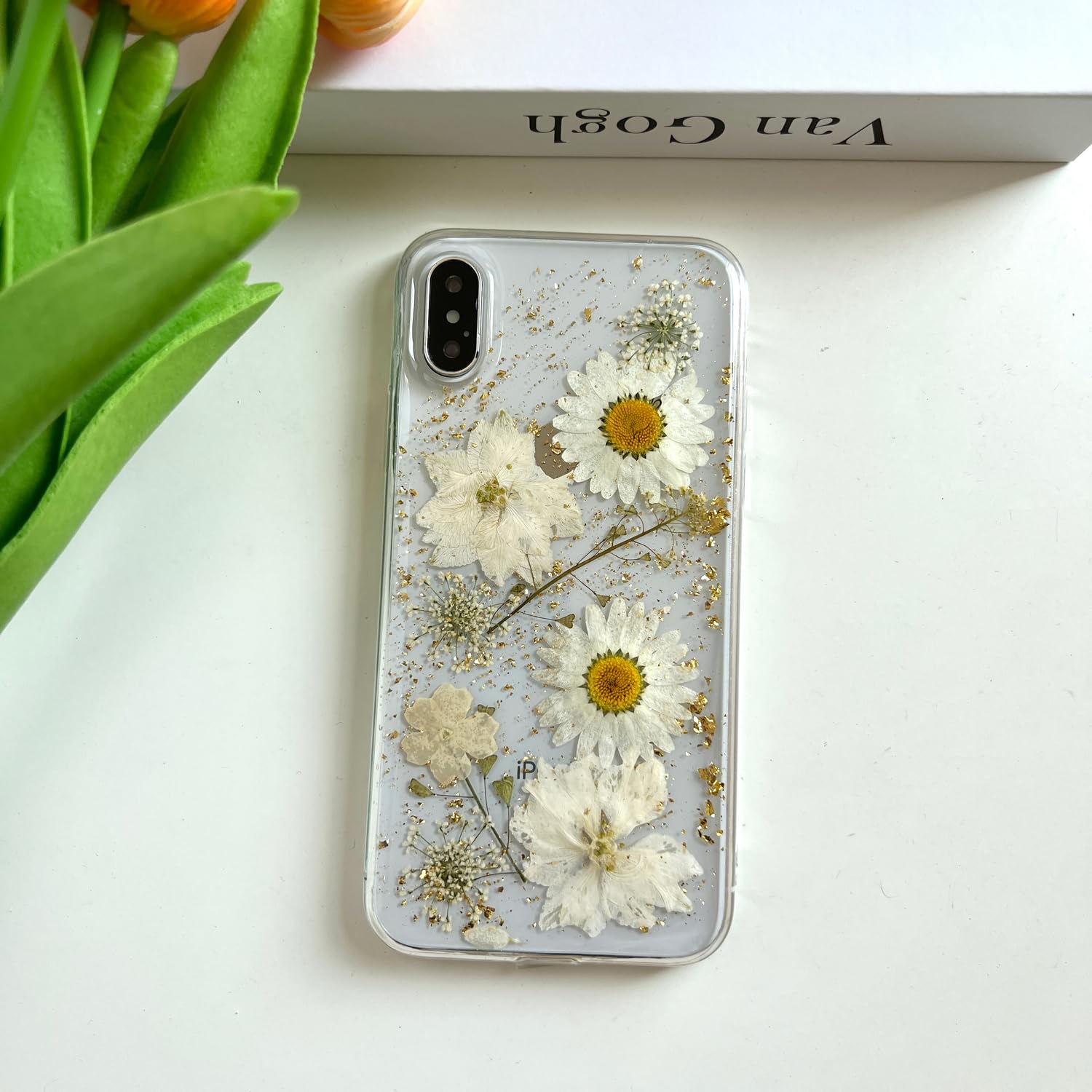 Lseeka For Iphone Xs Max Clear Case With Pressed Real Flowers Design,Glitter Cute White Floral Pattern Slim Soft Tpu Protective