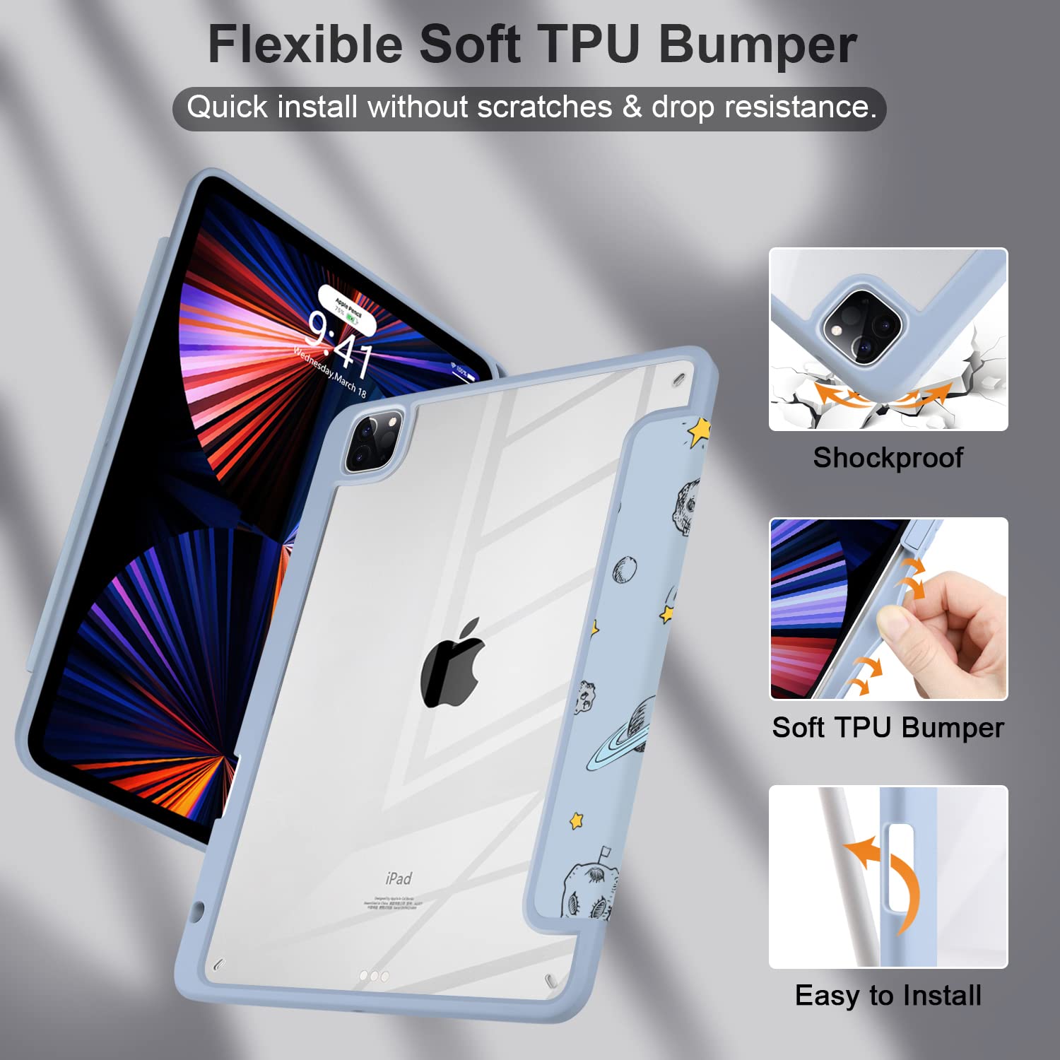 Batianda Hybrid Case For Ipad Air 13 Inch 2024 /Ipad Pro 12.9 Inch 2022 M2 2021 5Th / Ipad Pro 12.9' 4Th/3Rd Gen [Built In Pencil Holder] Shockproof Cover With Clear Back Shell Tpu Bumper,Space