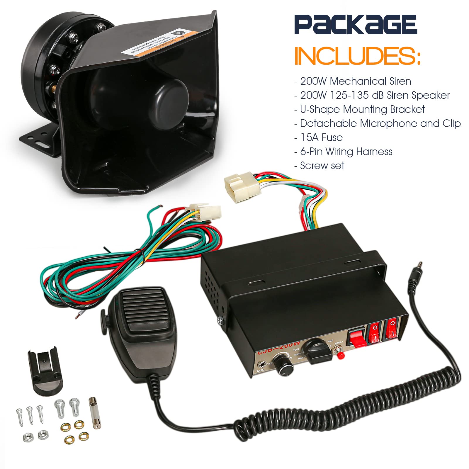 Booyu 12V 200W 9 Tones Police Warning Emergency Siren Pa System [180 Design Speaker][125 135Db][Handheld Microphone][Hands Free]