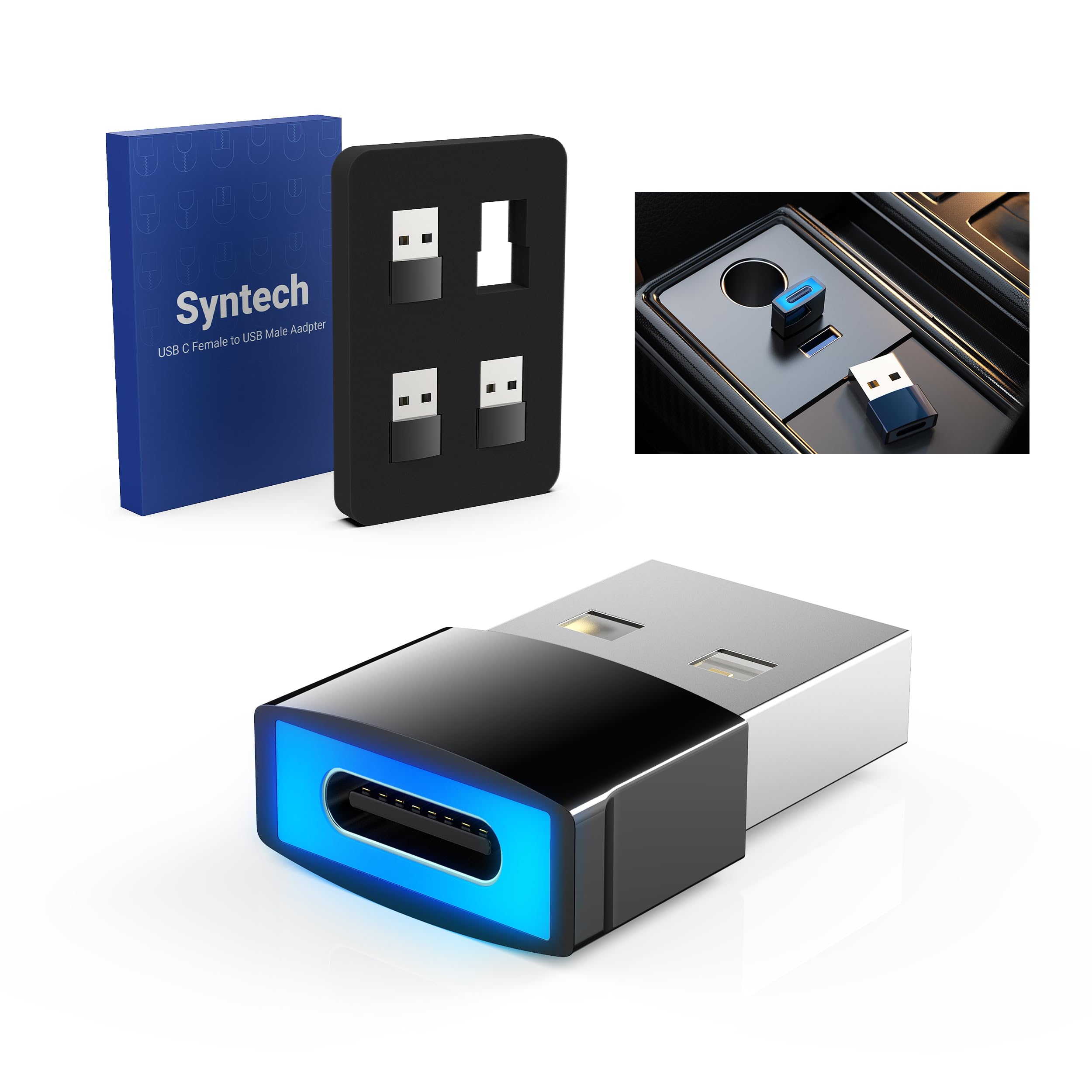 Syntech Drivepower Usb To Usb C Adapter With Led Light 4 Pack, Type C Female To Usb Male Converter Charger Adapter Compatible Wi
