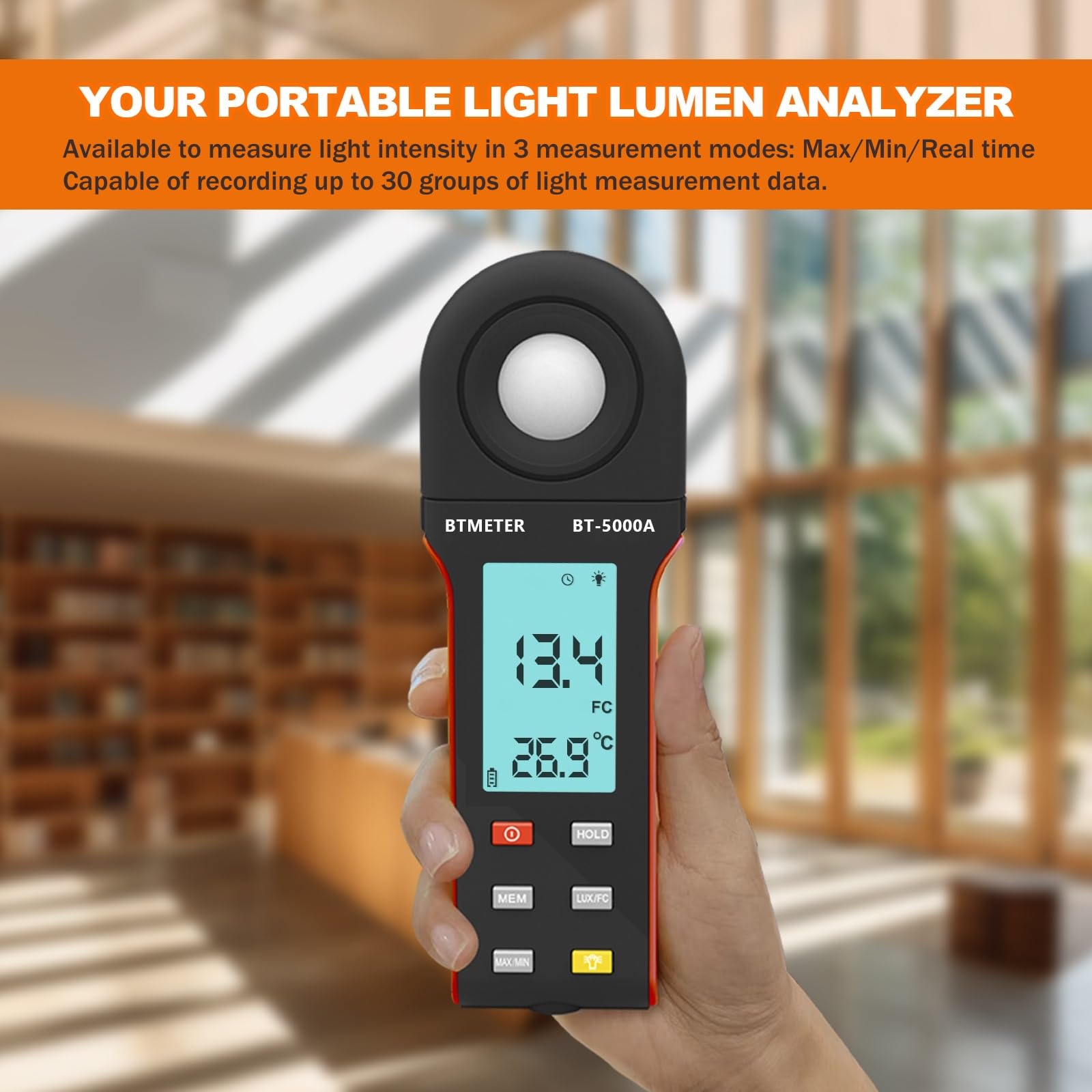 Btmeter Light Lux Meter Logger Bt 5000A, Digital Lumen Tester Measure Lighting Level Intensity 0.1~400,000 Lux(0.1~40,000 Fc) Fo