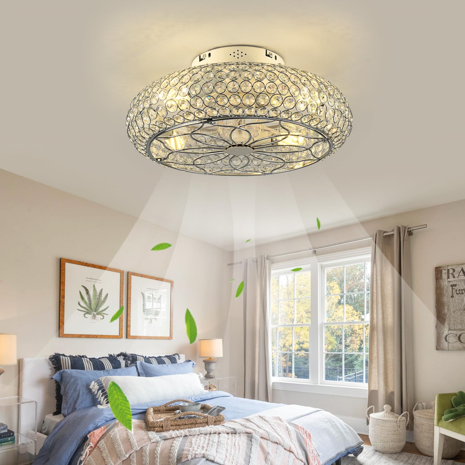 Xudom Caged Crystal Ceiling Fans With Lights And Remote,20'' Flush Mount Low Profile Ceiling Fan With Light,6 Speed Enclosed Cei