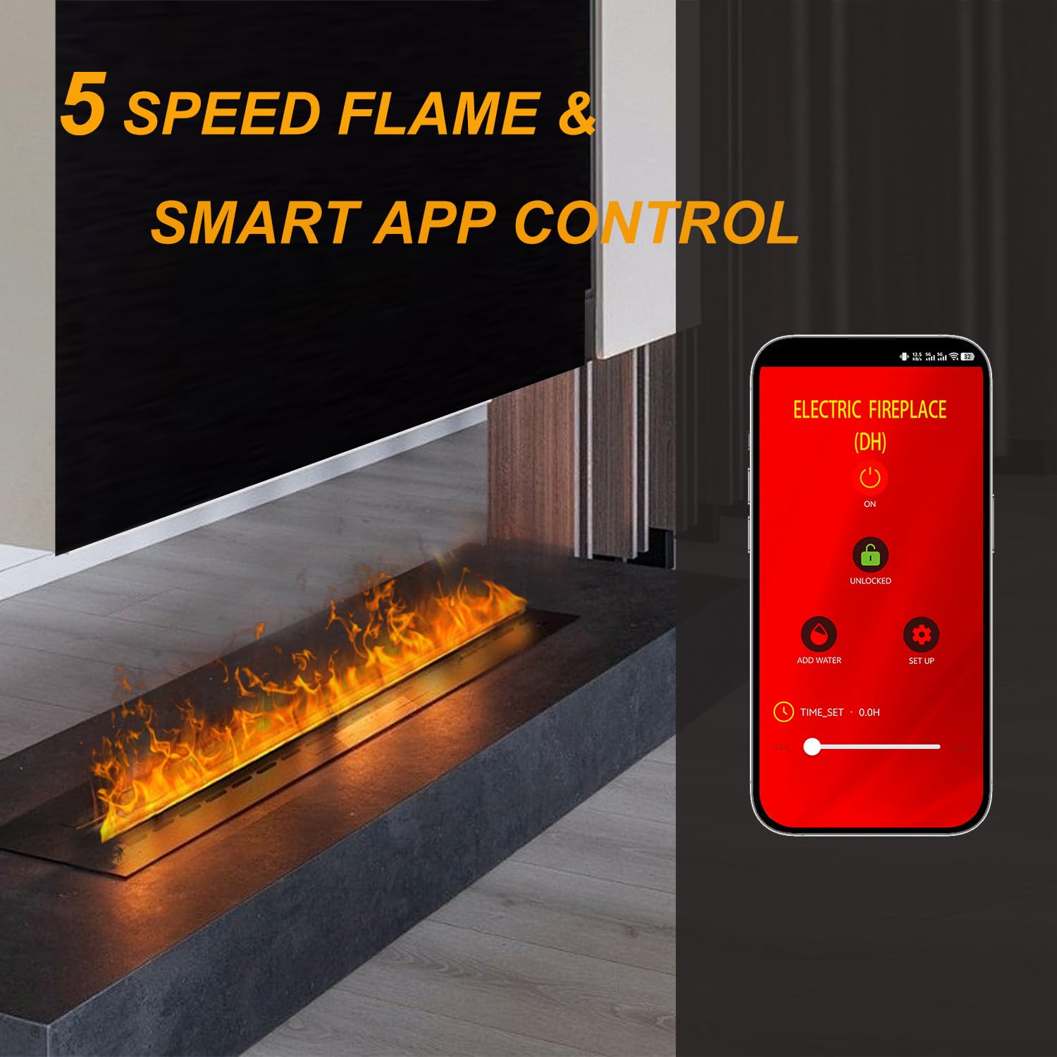 Water Vapor Fireplace 39.5, Electric Fireplace Remote & Panel Touch & Smart App, Steam Fireplace Realistic Flame, Fireplace Humi