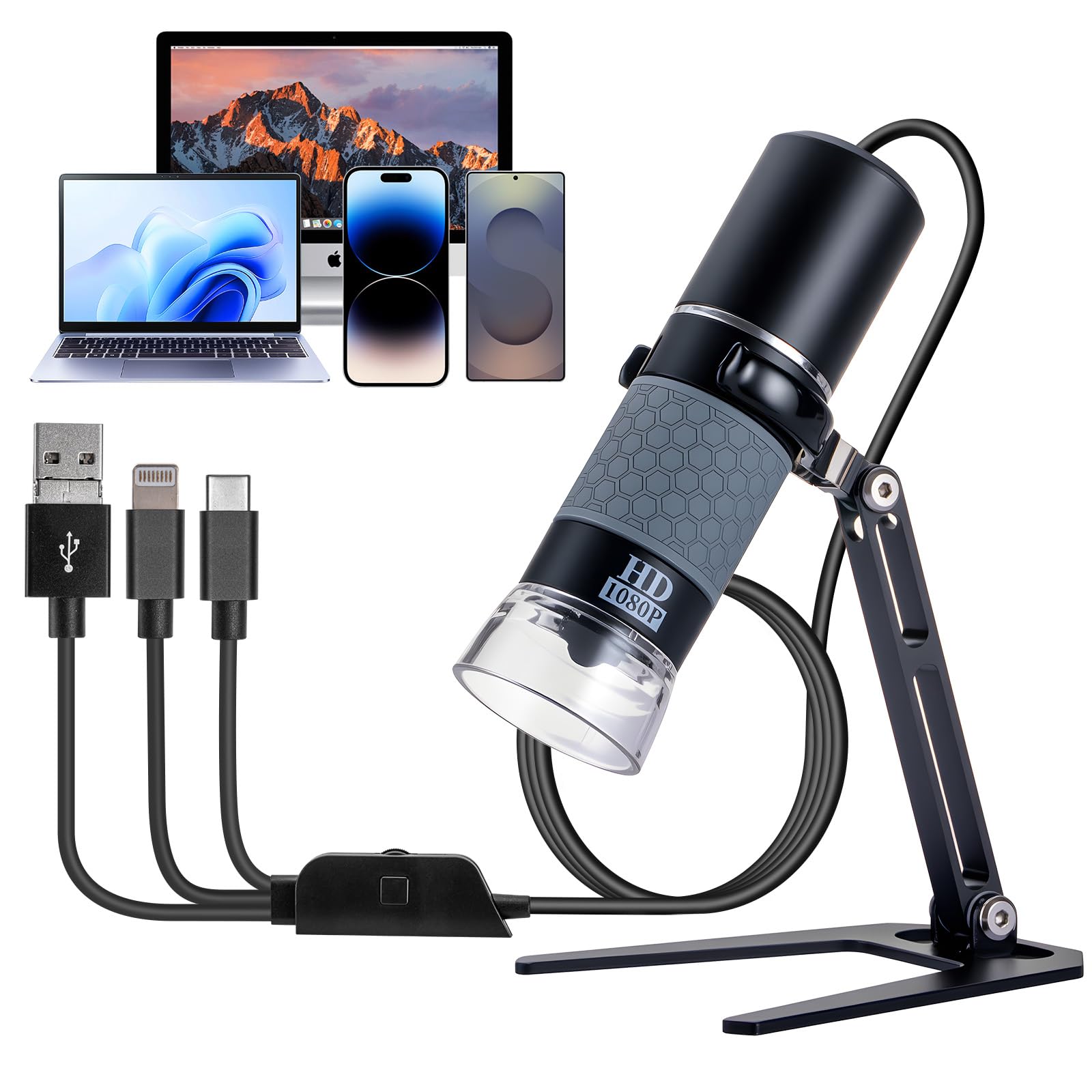 USB Microscope Compatible with iPhone Android Phone Tablet and Windows Mac PC, HD 1080P Wired Digital Microscope Camera for Adul