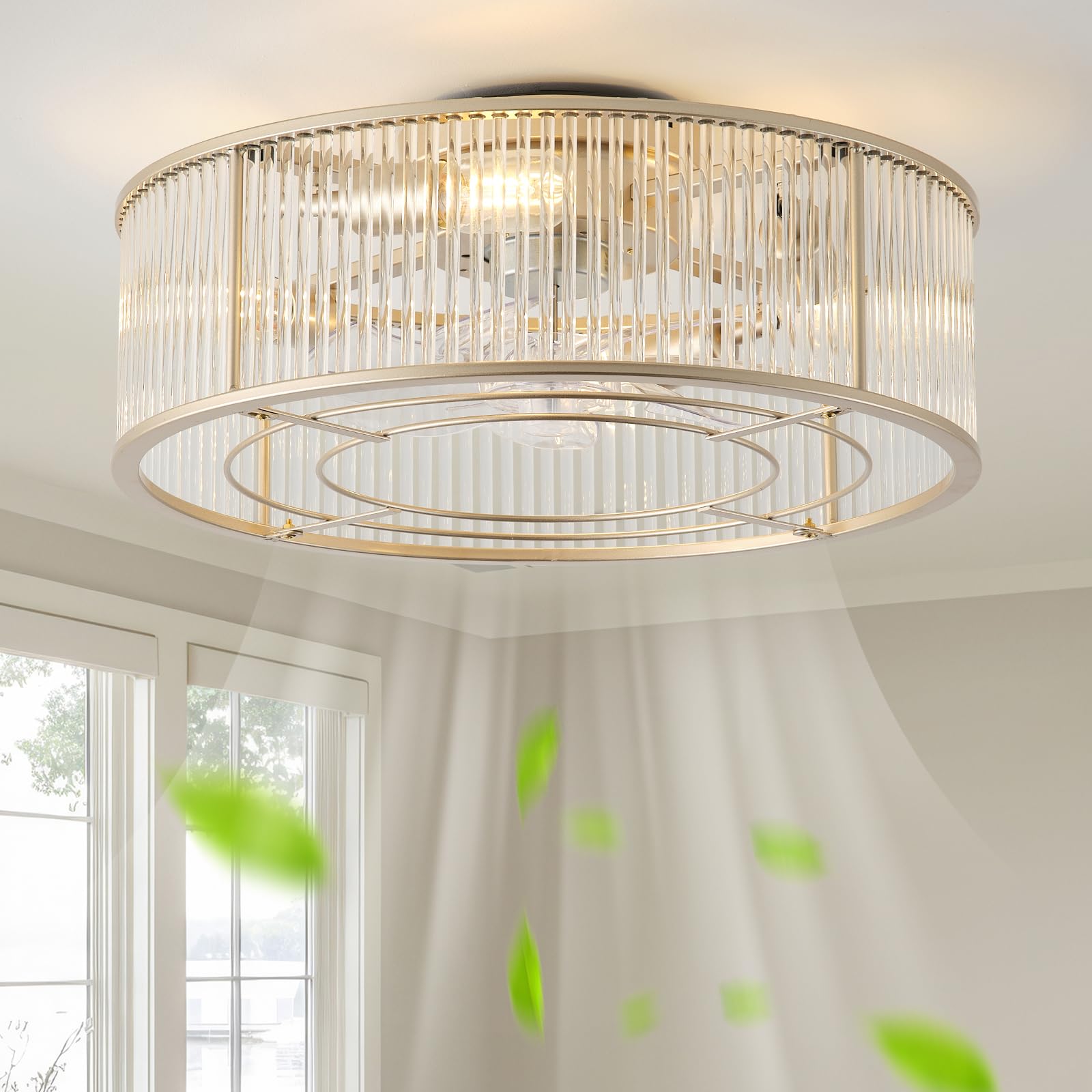 YMKSKJ Low Profile Ceiling Fans with Lights, 20 Gold Crystal Ceiling Fan with Light Flush Mount and Remote Control, Drum Caged w