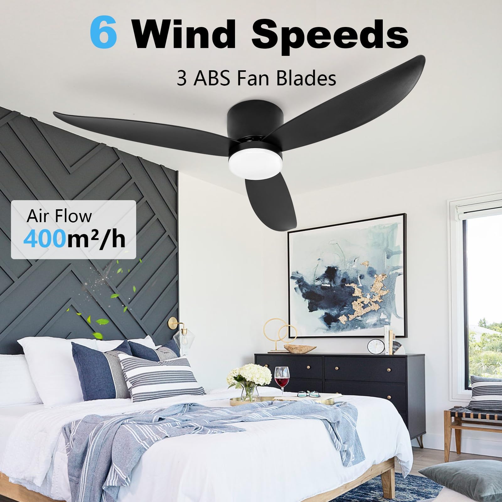 52 Inch Matte Black Low Profile Ceiling Fan With Light,Modern Ceiling Fans With Lights And Remote,Includes Remote Control, Noise