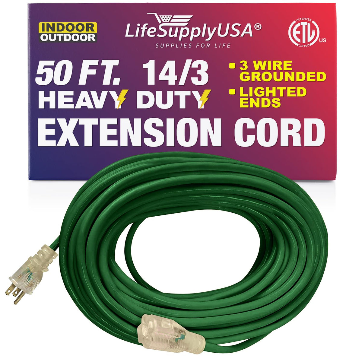 50 Ft Power Extension Cord Outdoor & Indoor Heavy Duty 14 Gauge/3 Prong Sjtw (Green) Lighted End Extra Durability 15 Amp 125 Vol