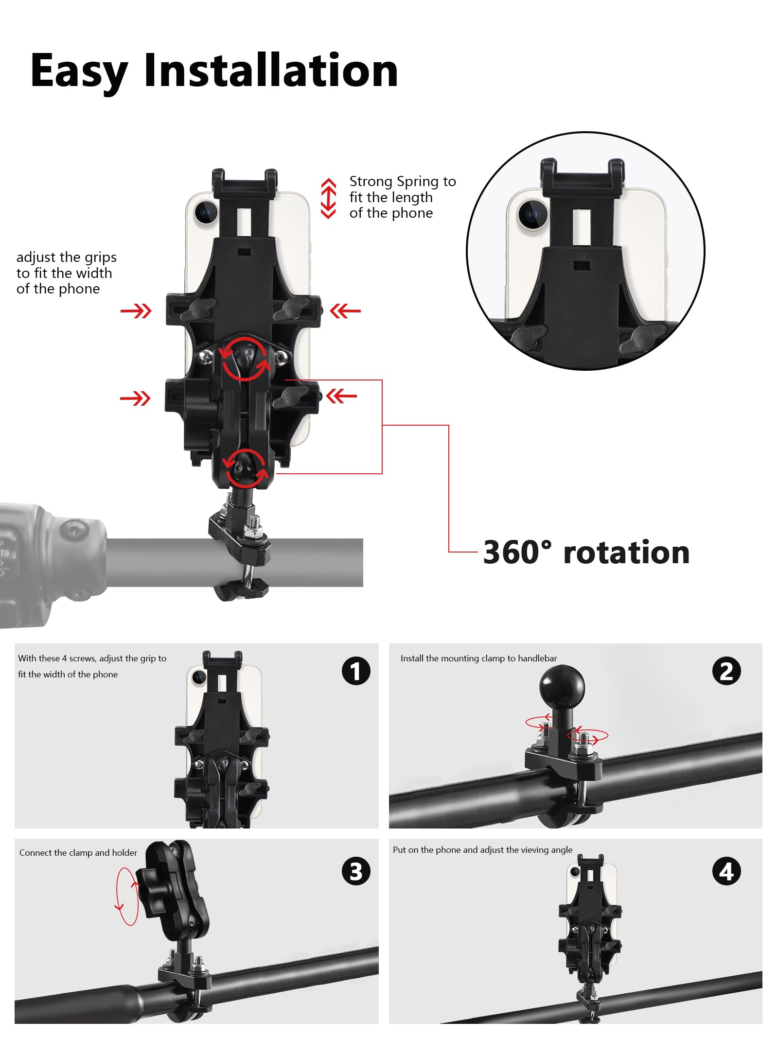 Zidiyoruo Atv Phone Holder, Quad Phone Mount, 8 Clamps Holds 4.7-7.1 Phones, One Hand Operation Motorcycle Phone Clip For 7/8-9/