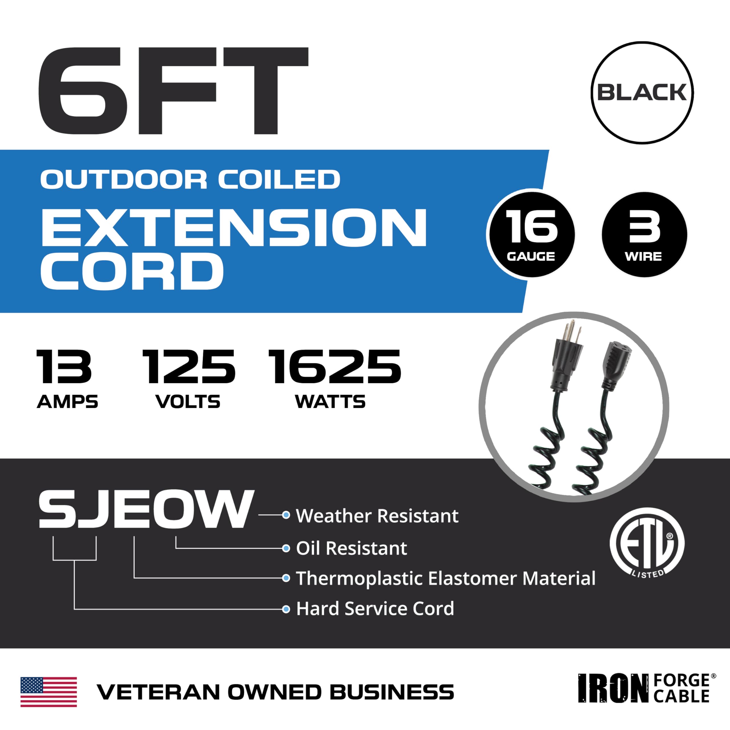 Iron Forge Cable Sjeow Black Outdoor Coiled Extension Cord 6 Ft,13 Amp Oil Resistant & Flame Retardant 3 Prong Coiled Electrical