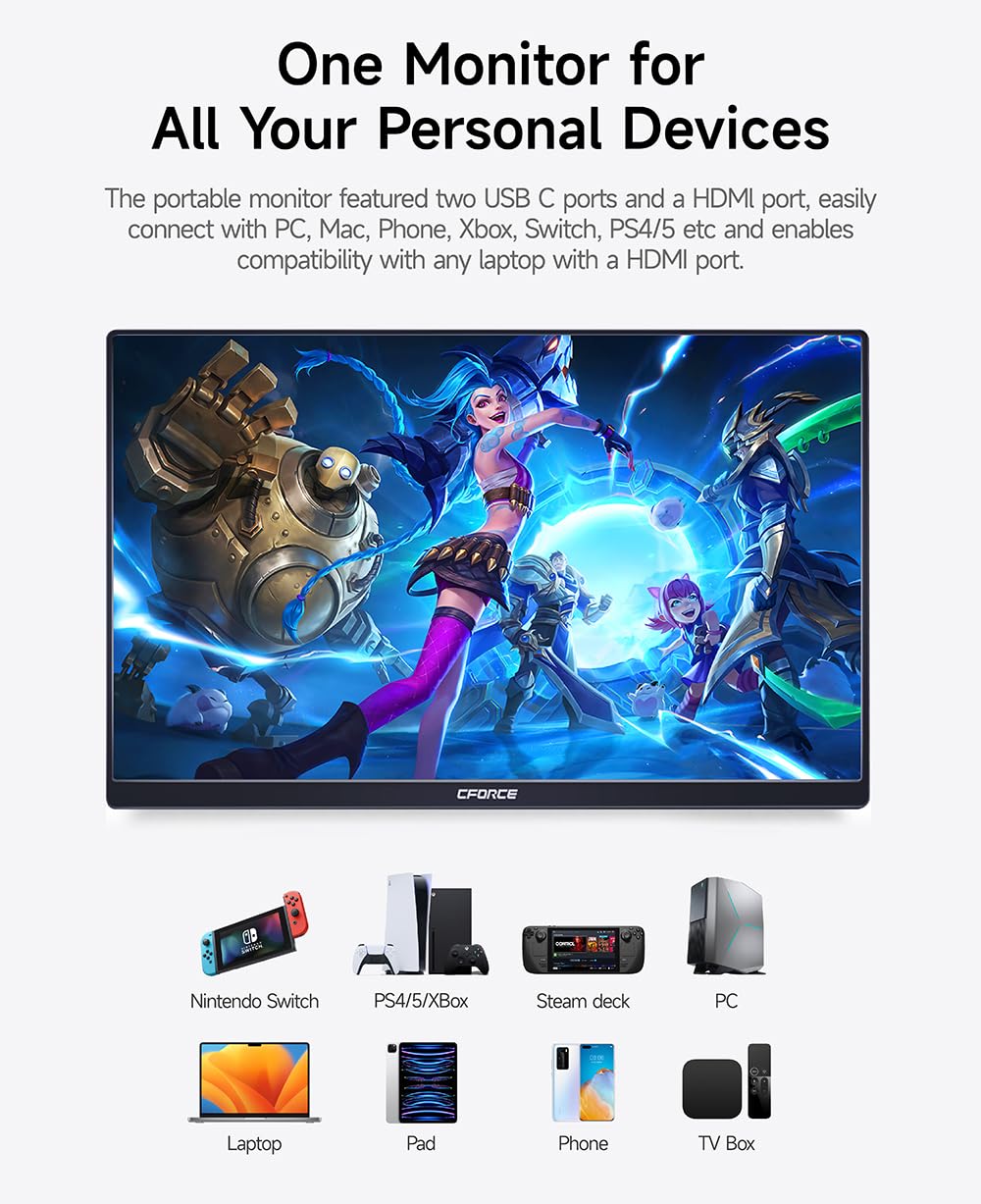 C Force Portable Monitor 15.6Inch 2.5K Qhd 2560X1440 144Hz 100% P3 Usb C, Hdmi High Refresh Rate Computer Display Hdr Ips Gaming