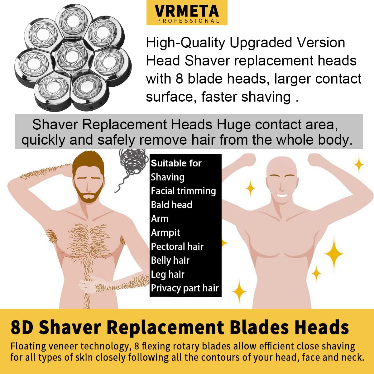 Vrmeta Floating Shaver Blades   8D Sharp Stainless Steel Men'S Electric Shaver Replacement Heads (8 Heads, Silvery)